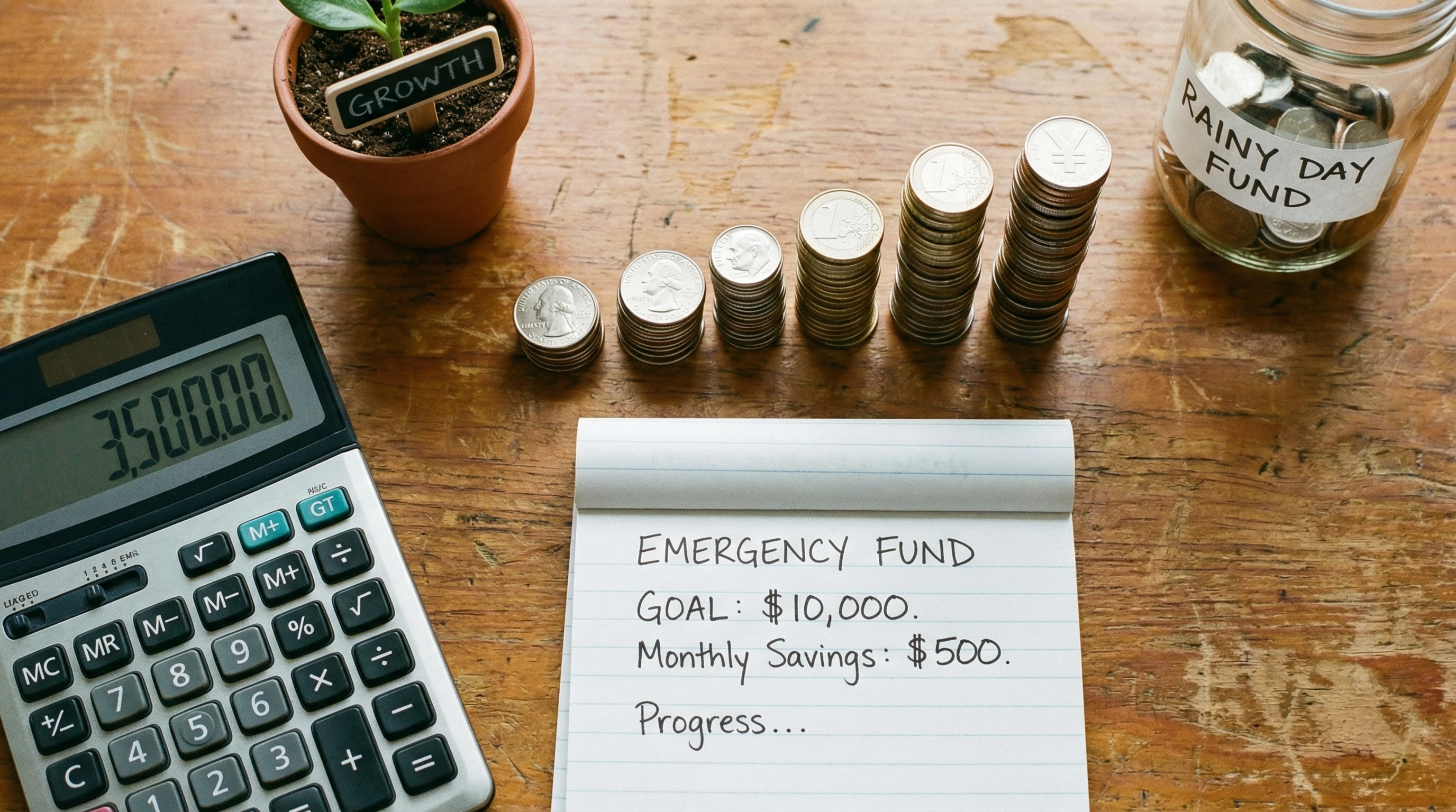 A calculator, notepad, and coins representing building financial stability with an emergency fund