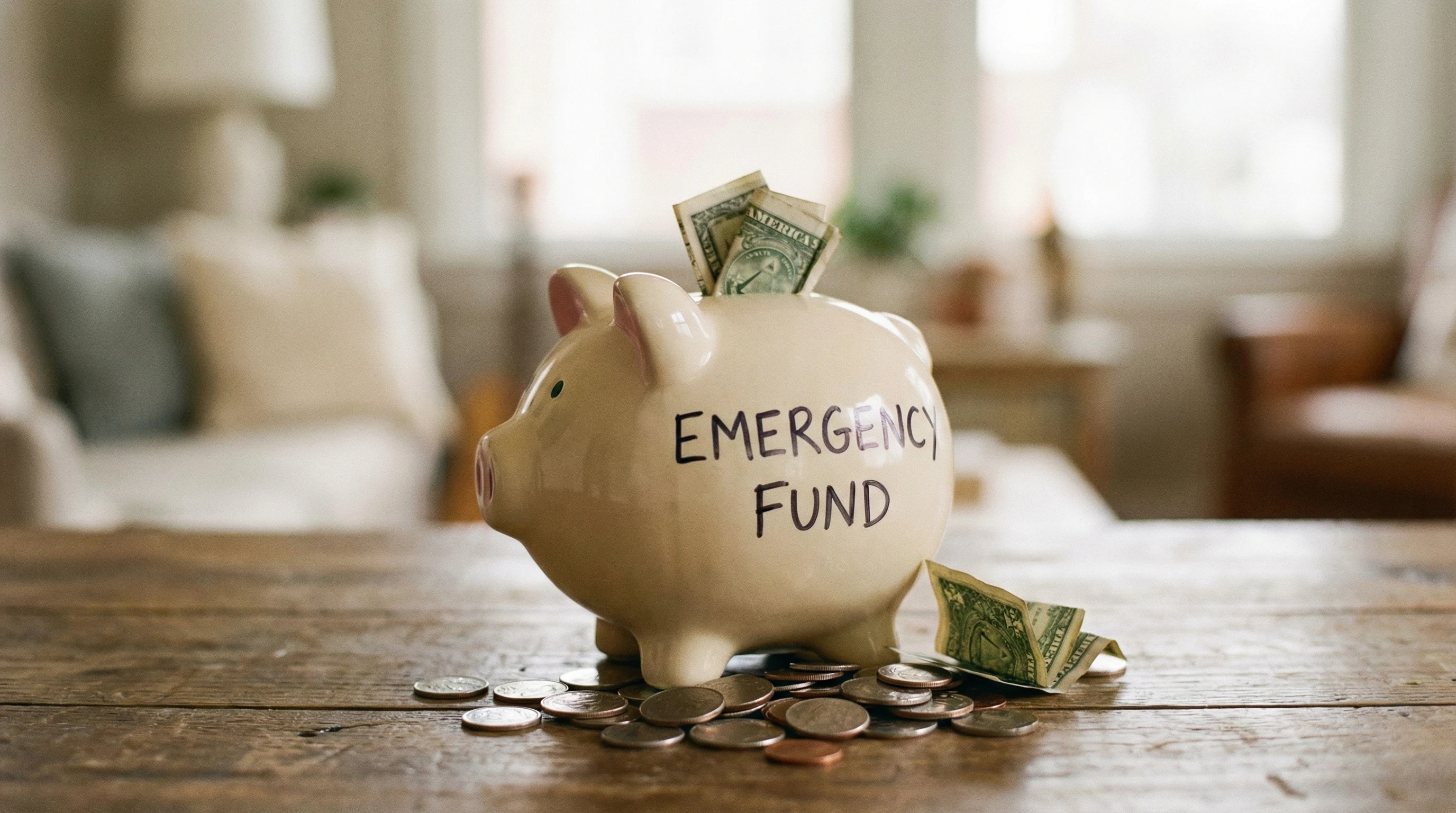 A simple piggy bank surrounded by coins for an emergency fund concept