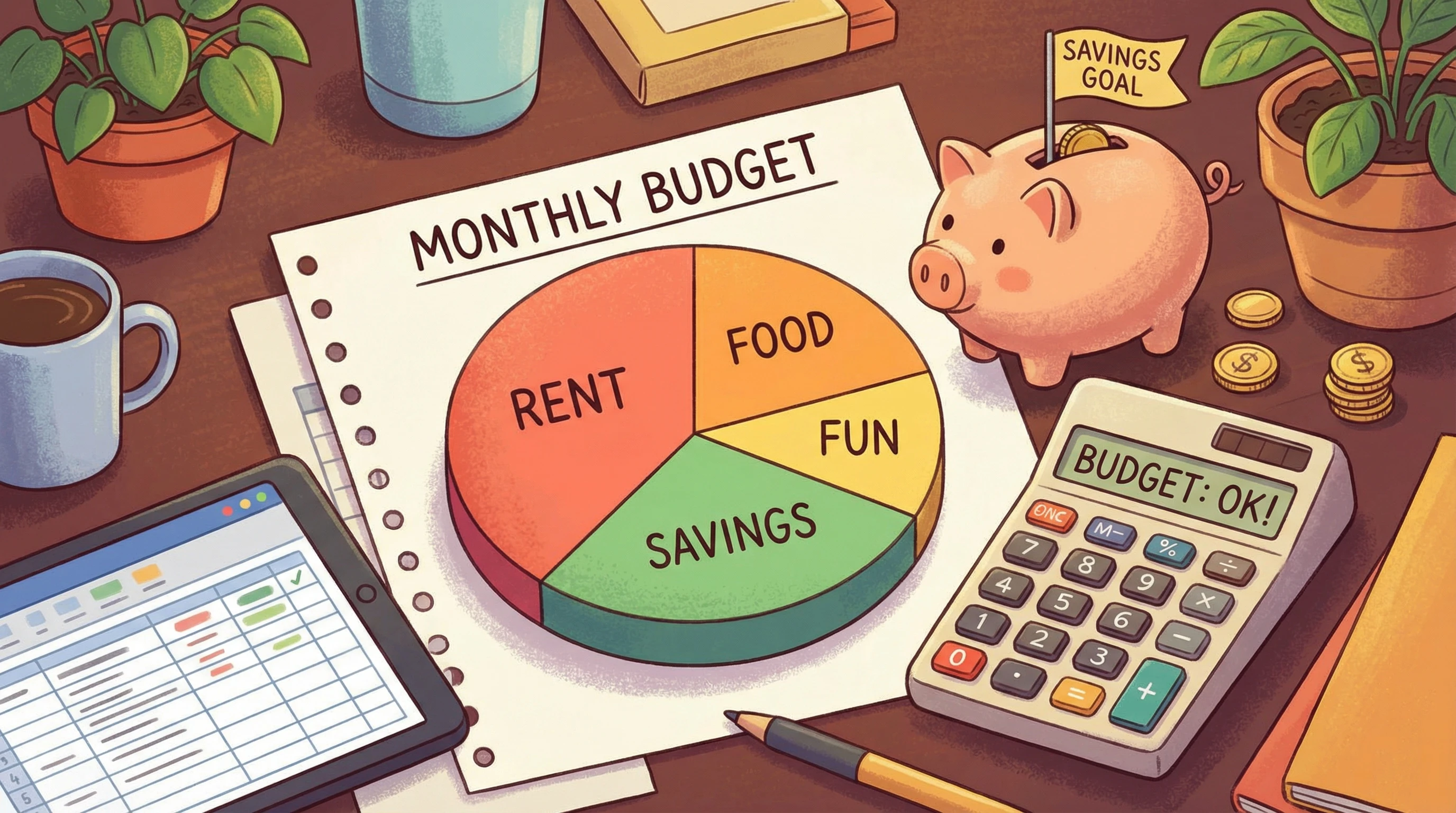 colorful graphic showing basic budgeting tools (charts, piggy bank, calculator)