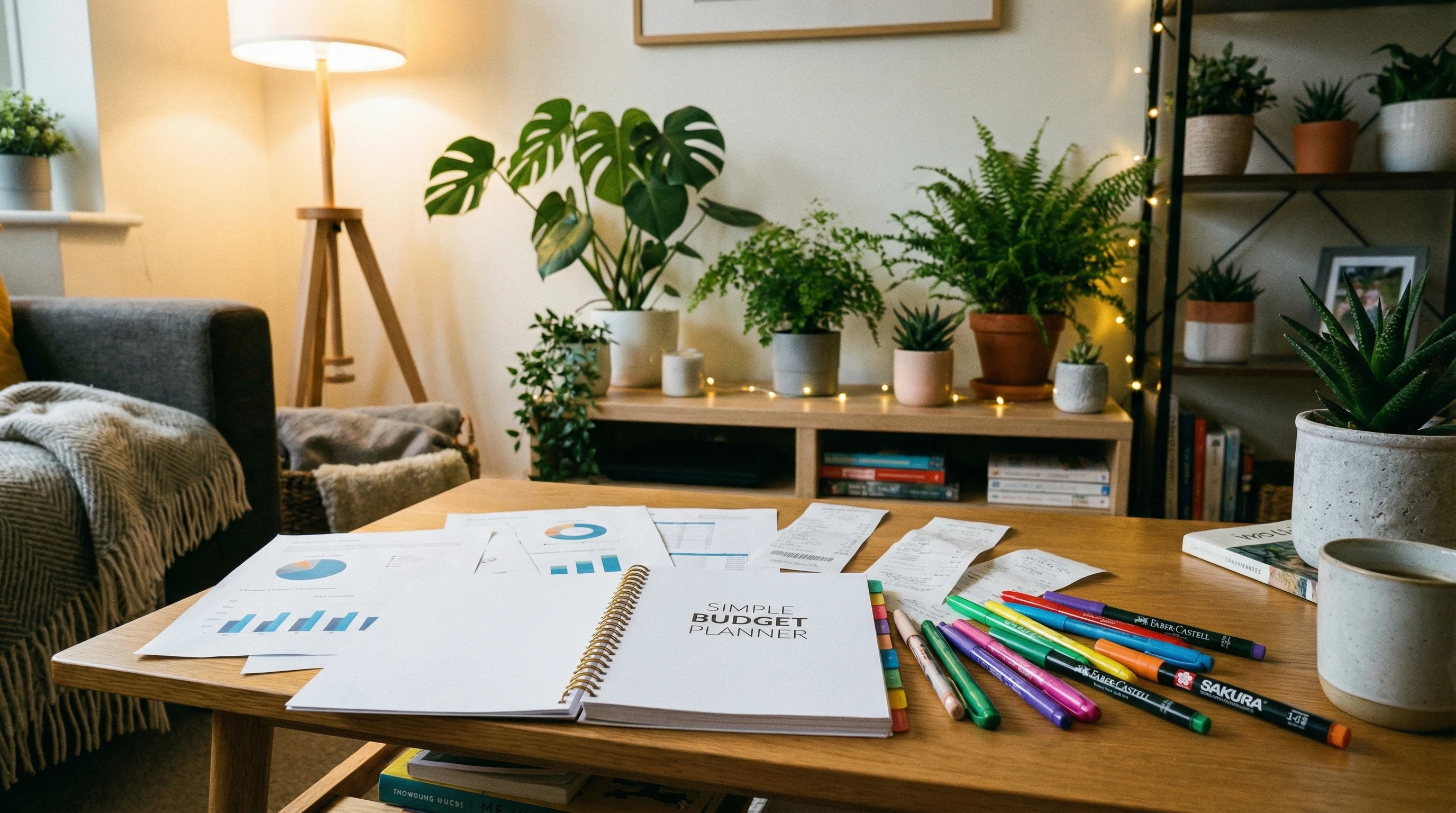 A mother and children smiling while talking about a family budget together around a kitchen table.