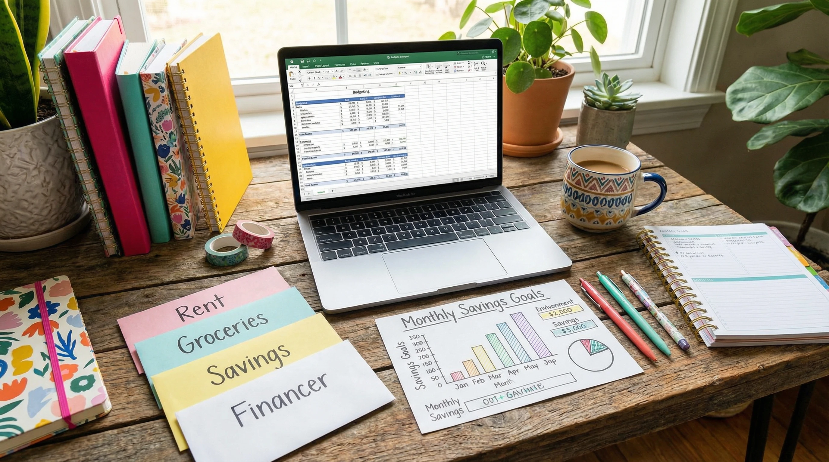 Spreadsheets, notebooks, envelopes, a computer and a mug on a cozy desk – the perfect setup for budgeting at home.
