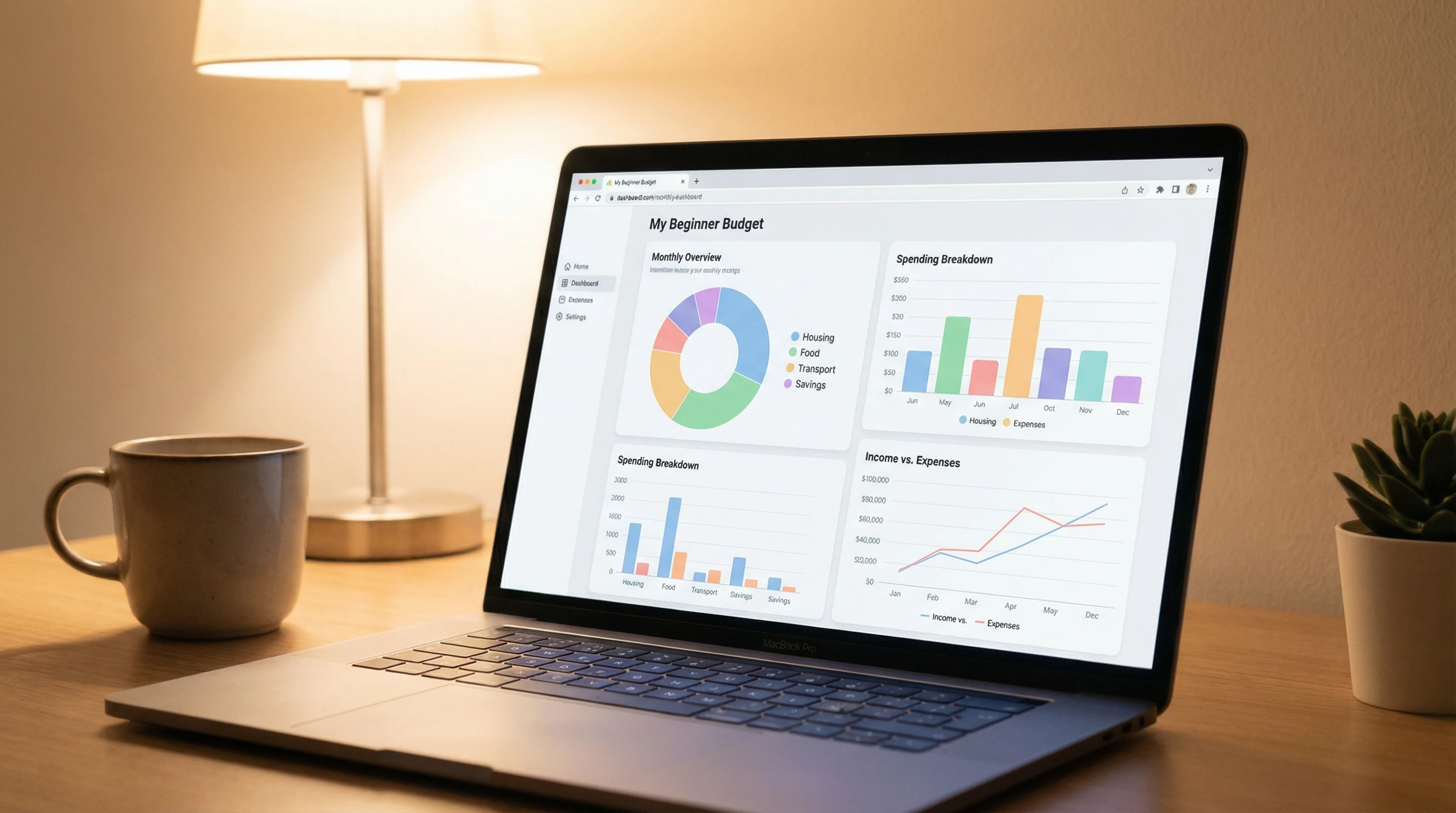 A computer screen displaying YNAB software in use for tracking every dollar, with a cup of coffee nearby for focus.