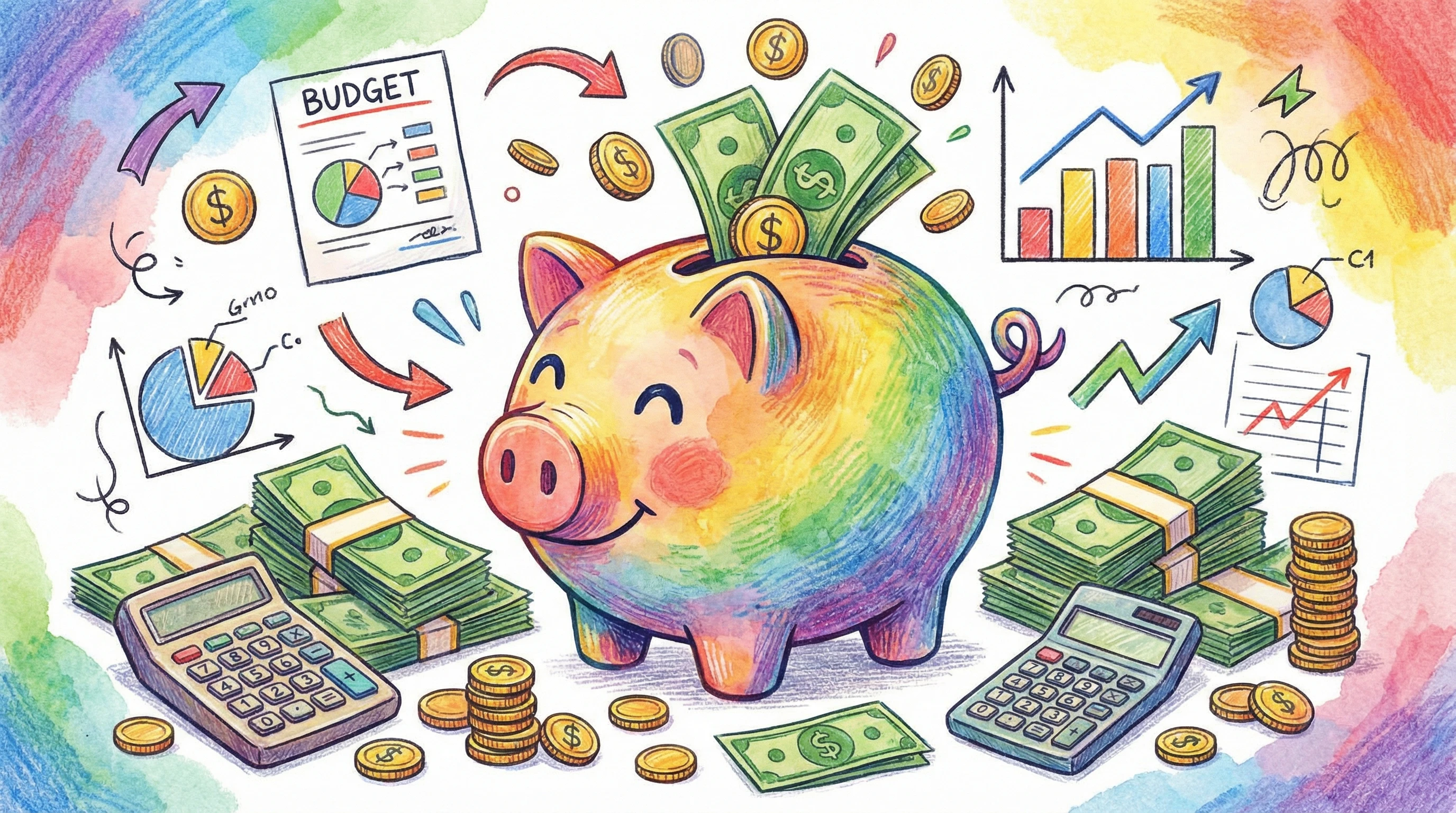 Colorful illustration of a piggy bank surrounded by coins and money icons