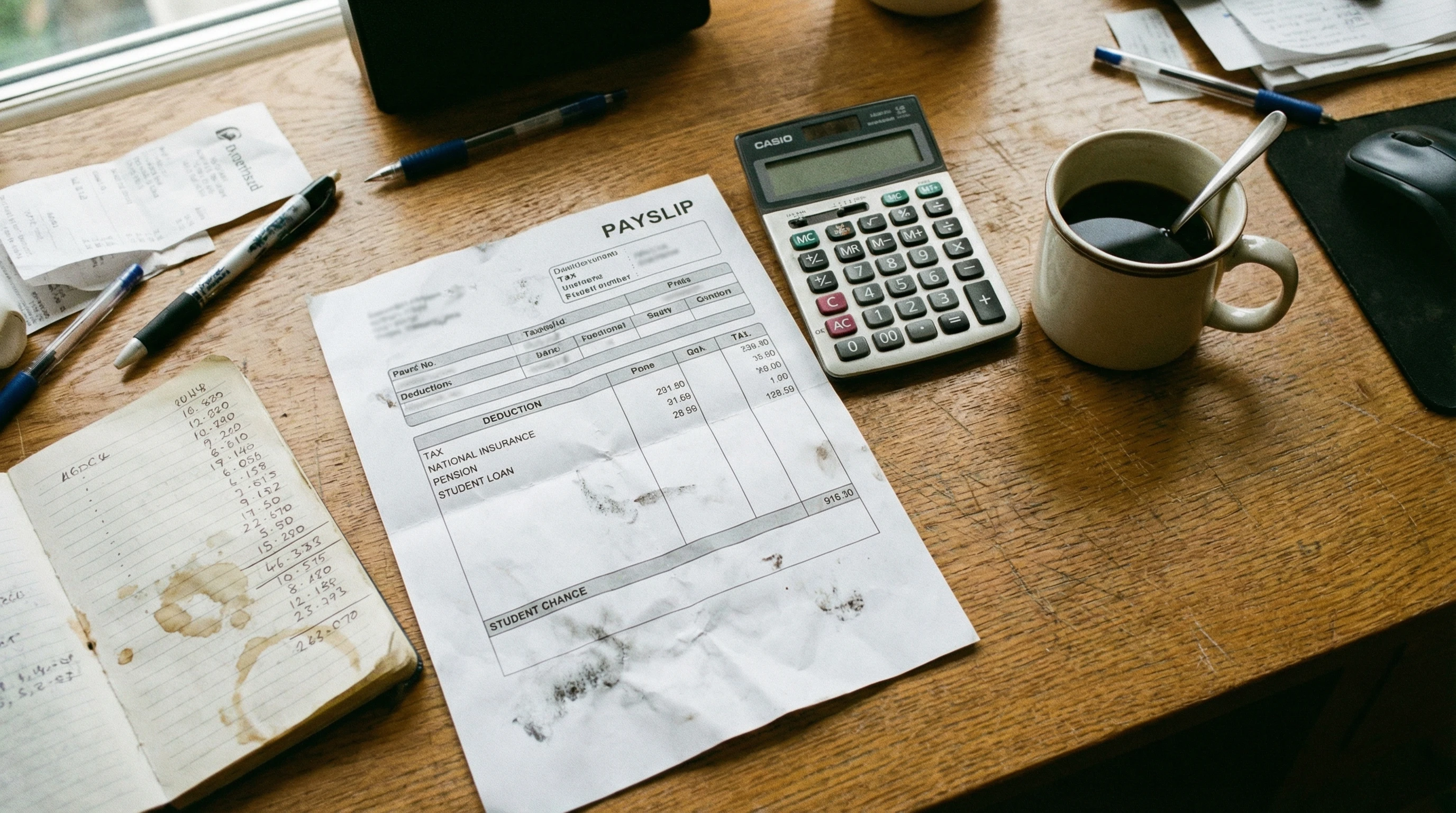 A close-up of a printed payslip with deduction lines, calculator, and notebook on a wood desk
