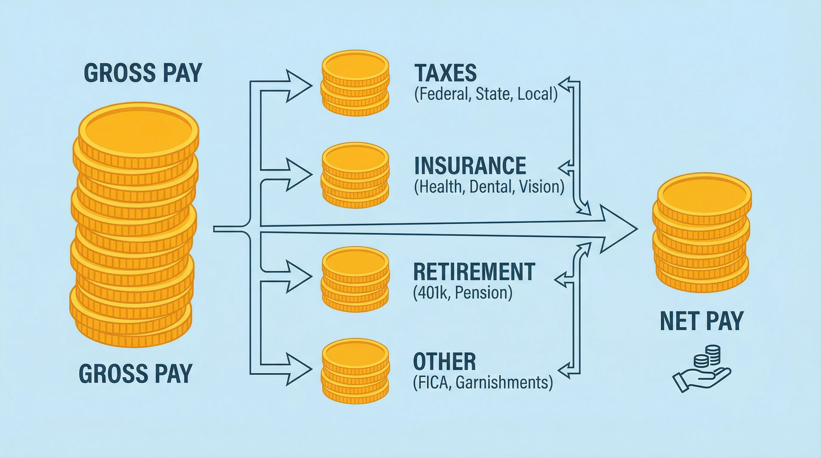 A neat visual of a paycheck breakdown with deduction categories as icons