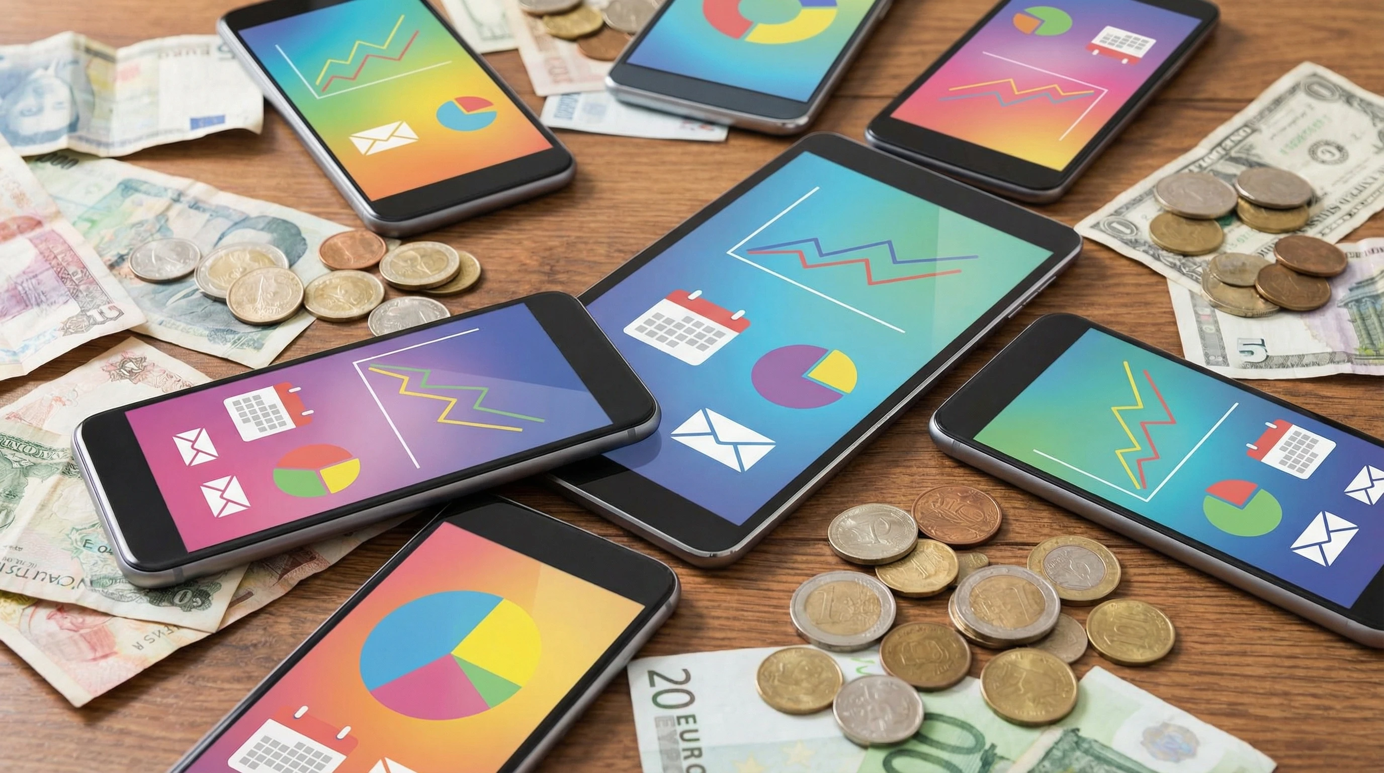 Colorful budget app dashboards with spending pie charts on a digital tablet