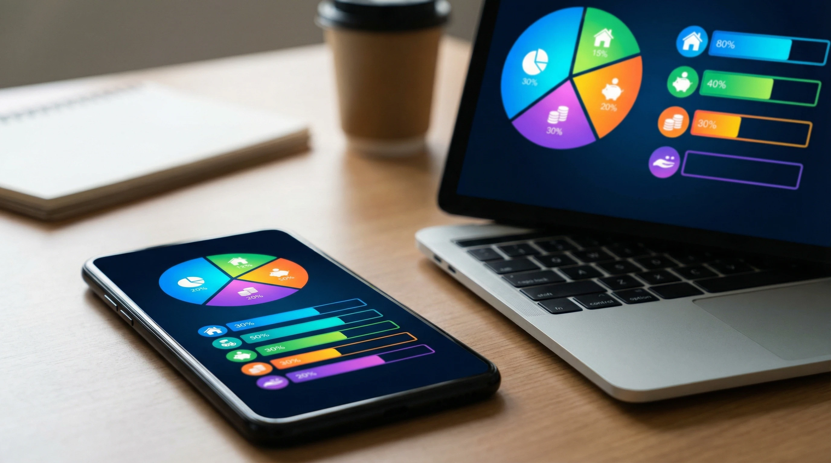 Budgeting apps on a phone with pie charts and calendar reminders