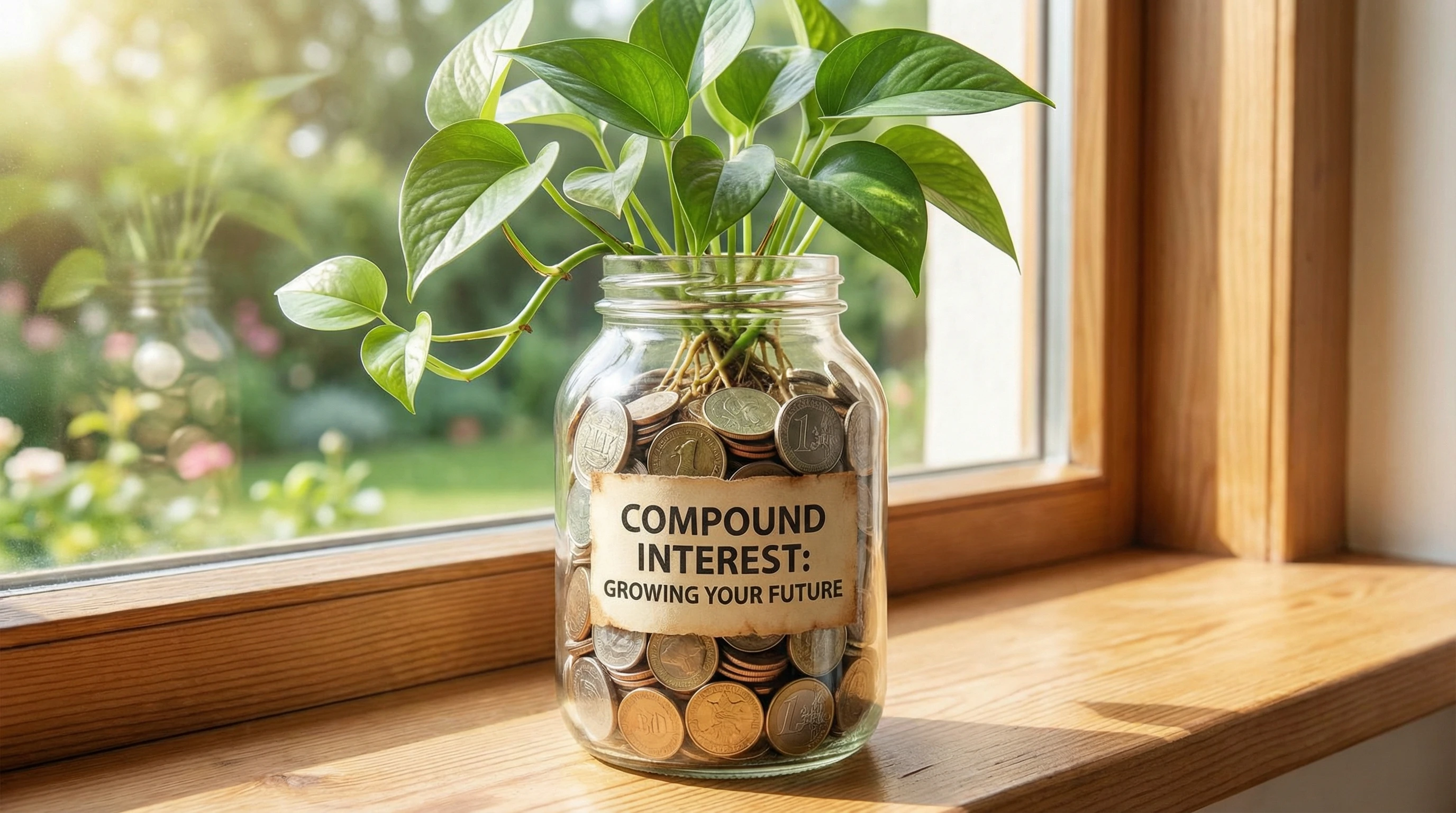 Hand holding a jar with coins and a small plant growing, symbolizing savings and compound interest.