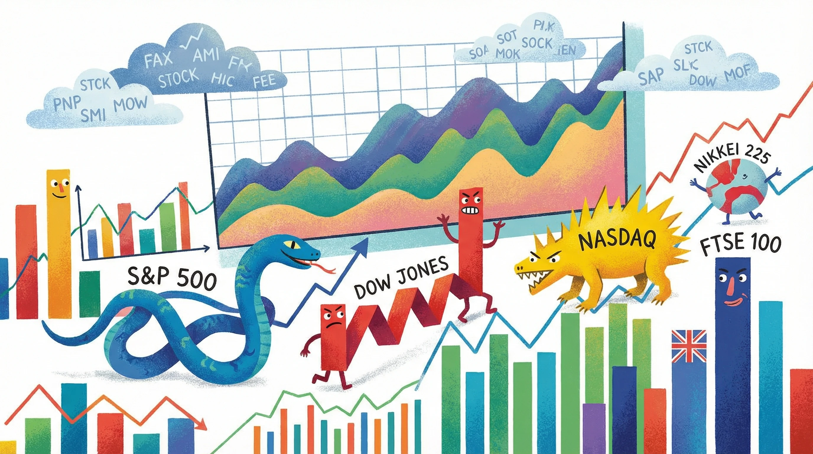 Colorful illustration of a diverse collection of stock market indexes and graphs represented as building blocks