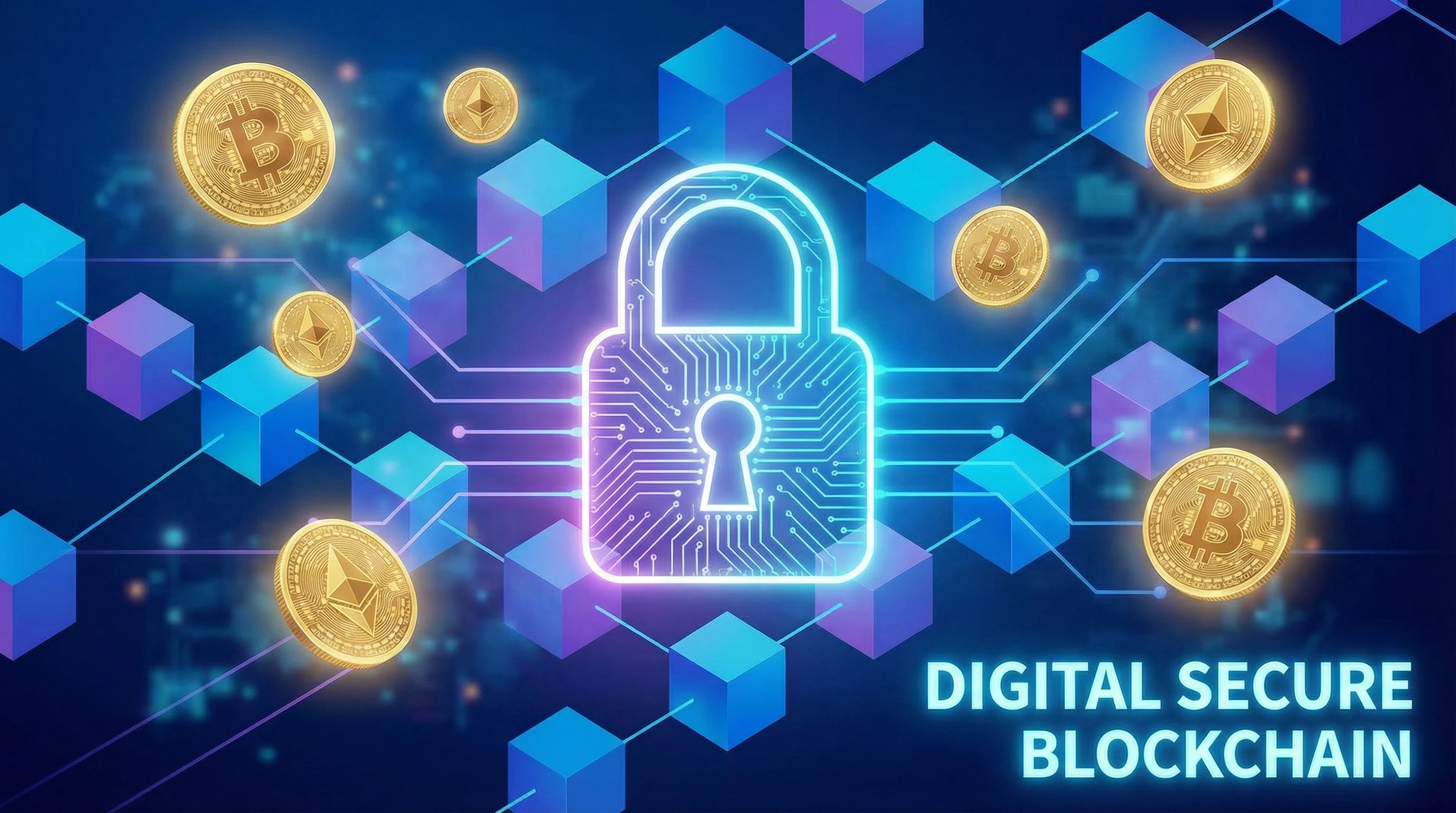 Digital padlock over blockchain graphics and coins