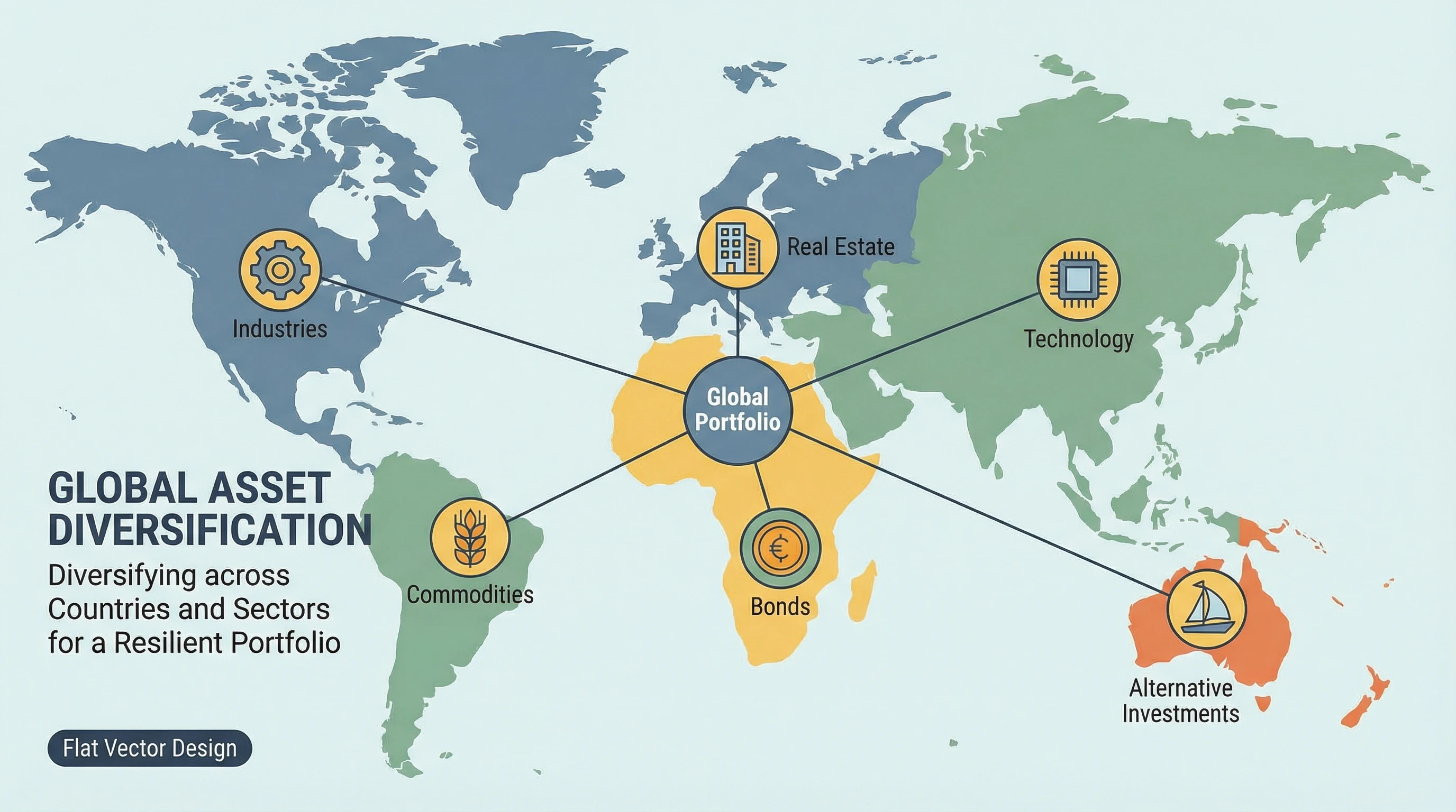 An illustrated map showing investment diversification across different countries and sectors.