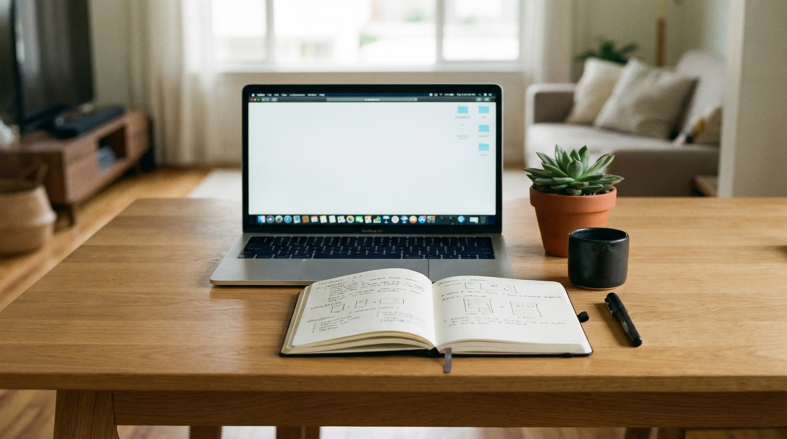 Laptop, notebook, and a small growing plant on a desk