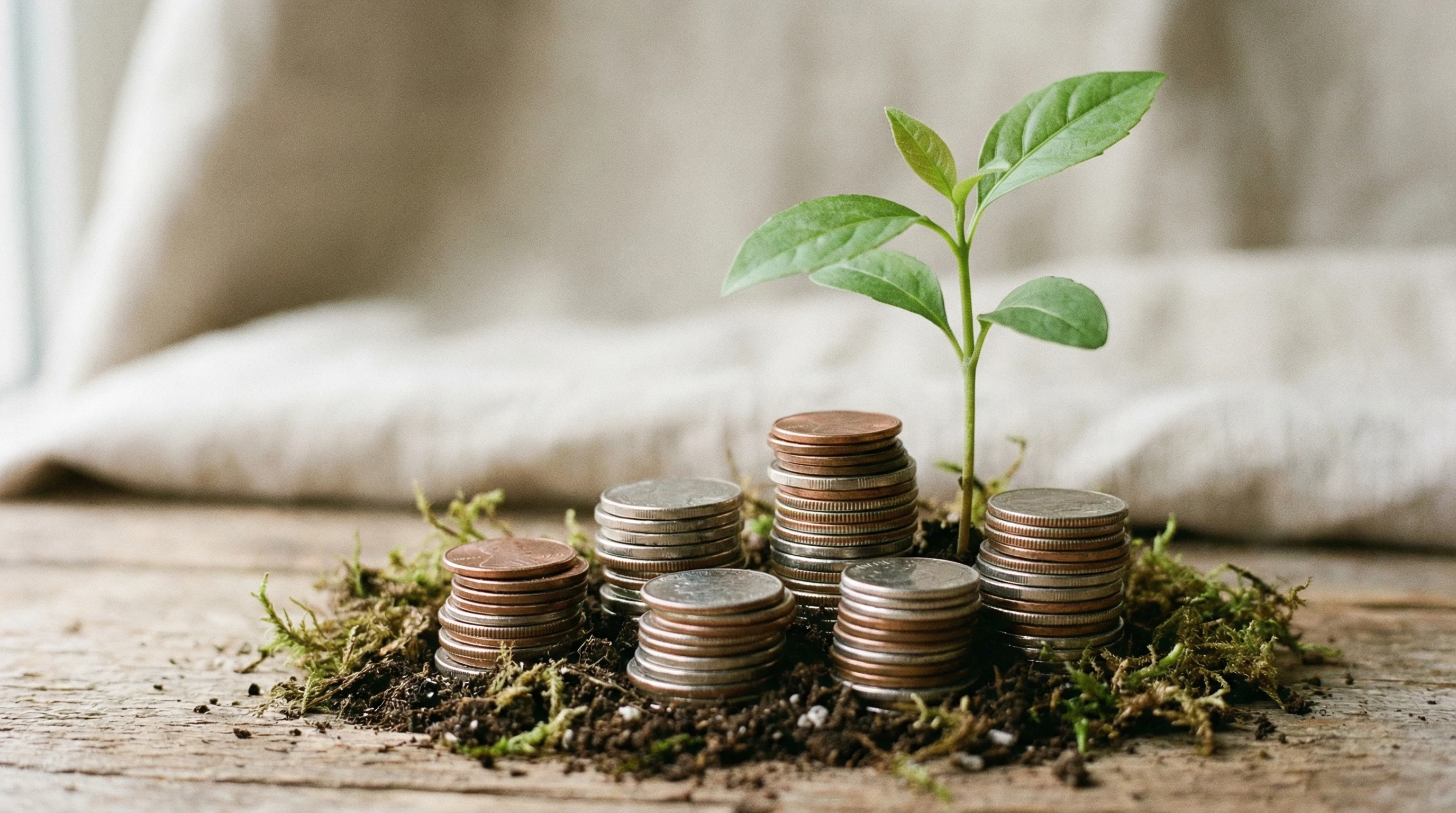 Small stack of coins growing next to a plant sprout