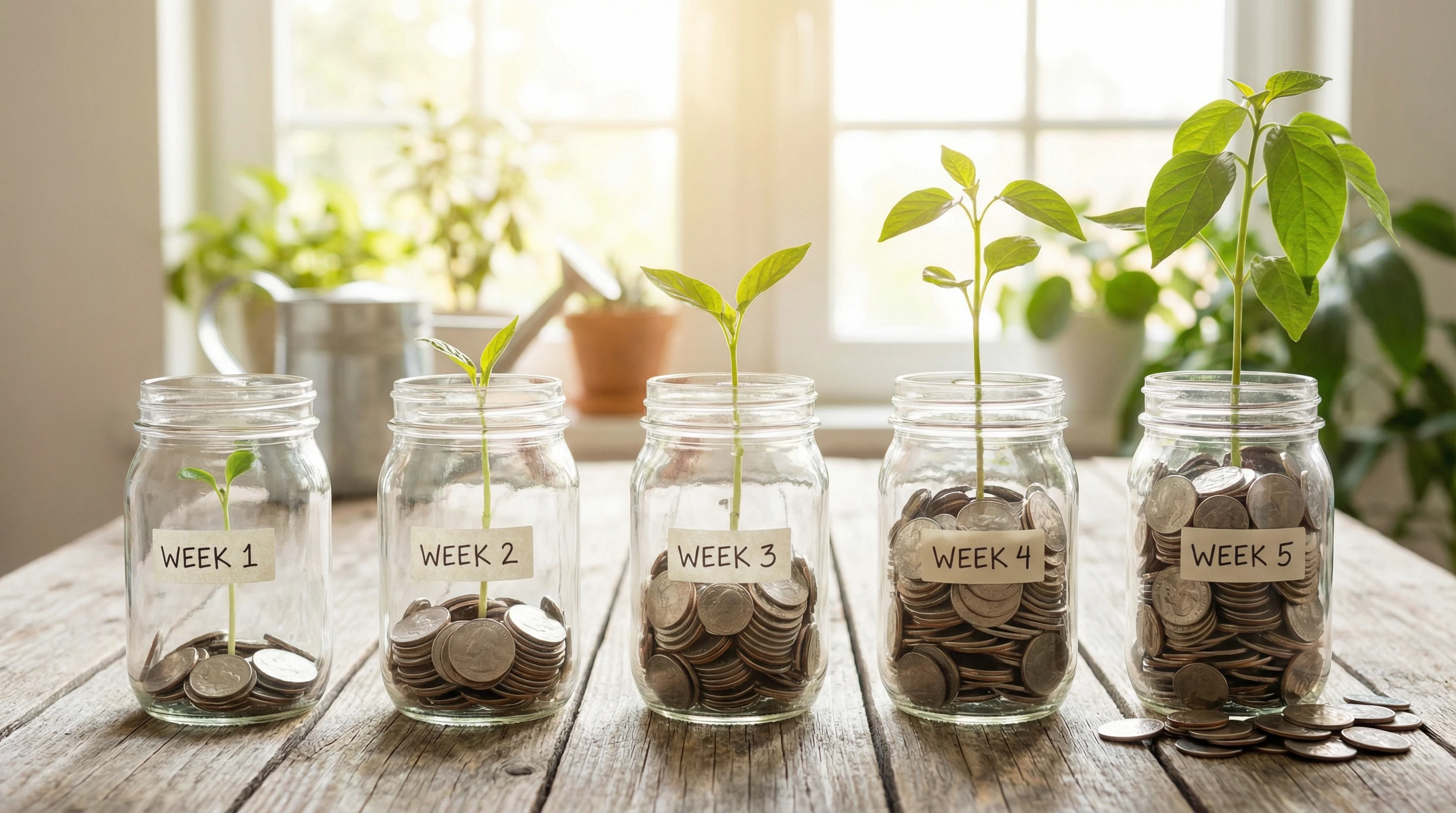 Stacked coins in jars showing growth over time