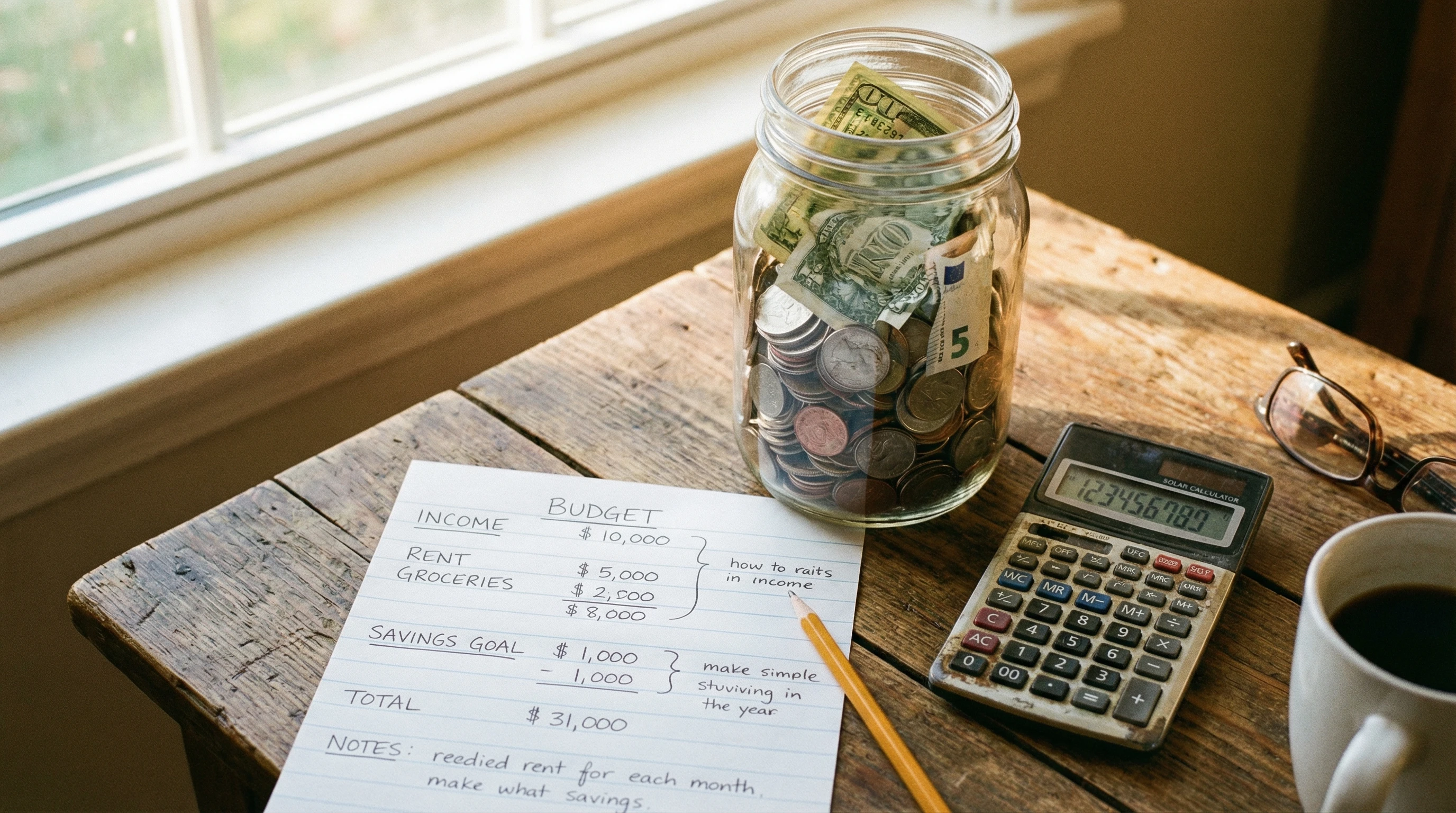 jar filled with coins and financial planning papers on a table