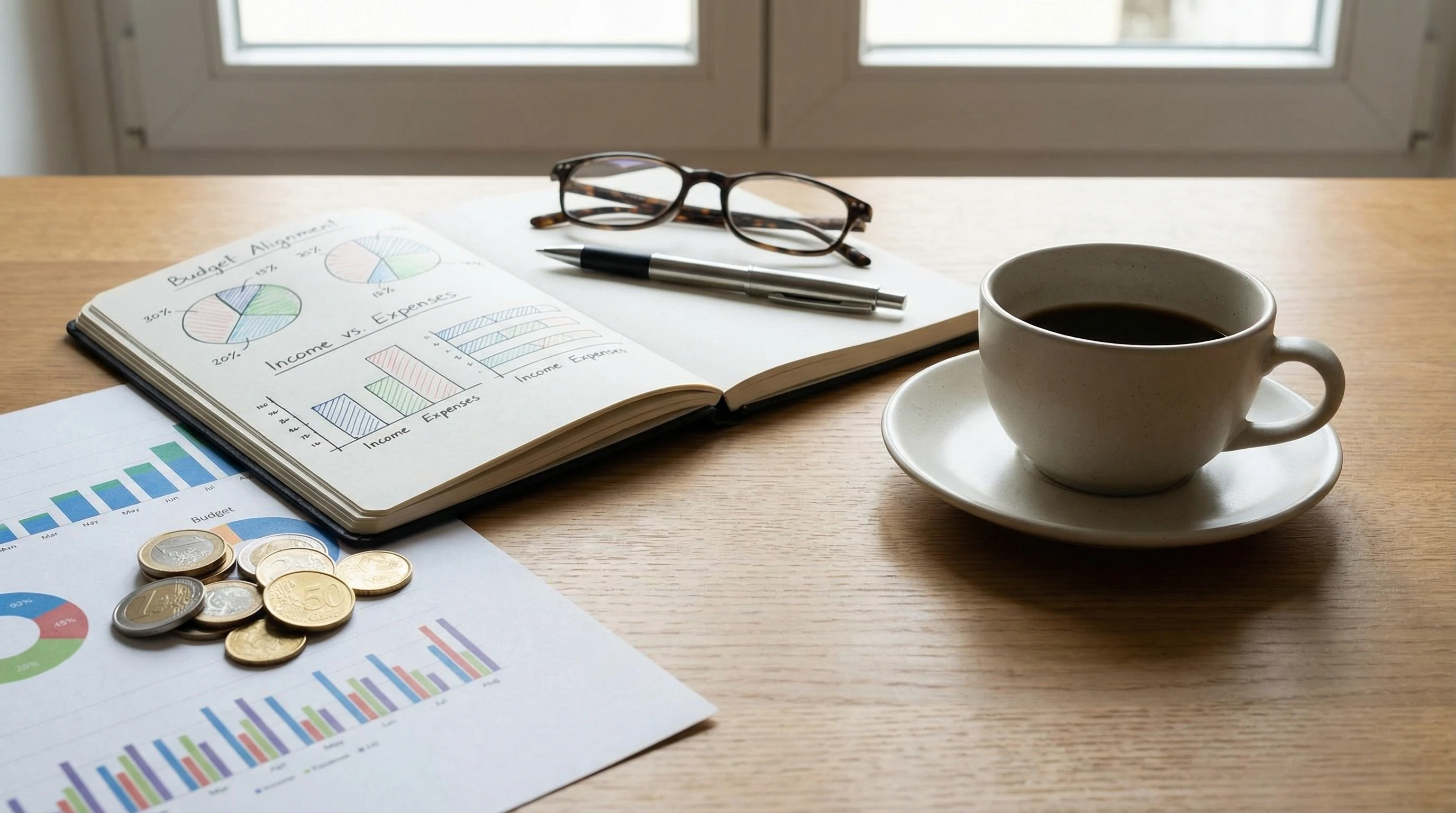 Simple pie chart and charts with coins, coffee, and a notebook, representing budget reviews and financial health check-ins.