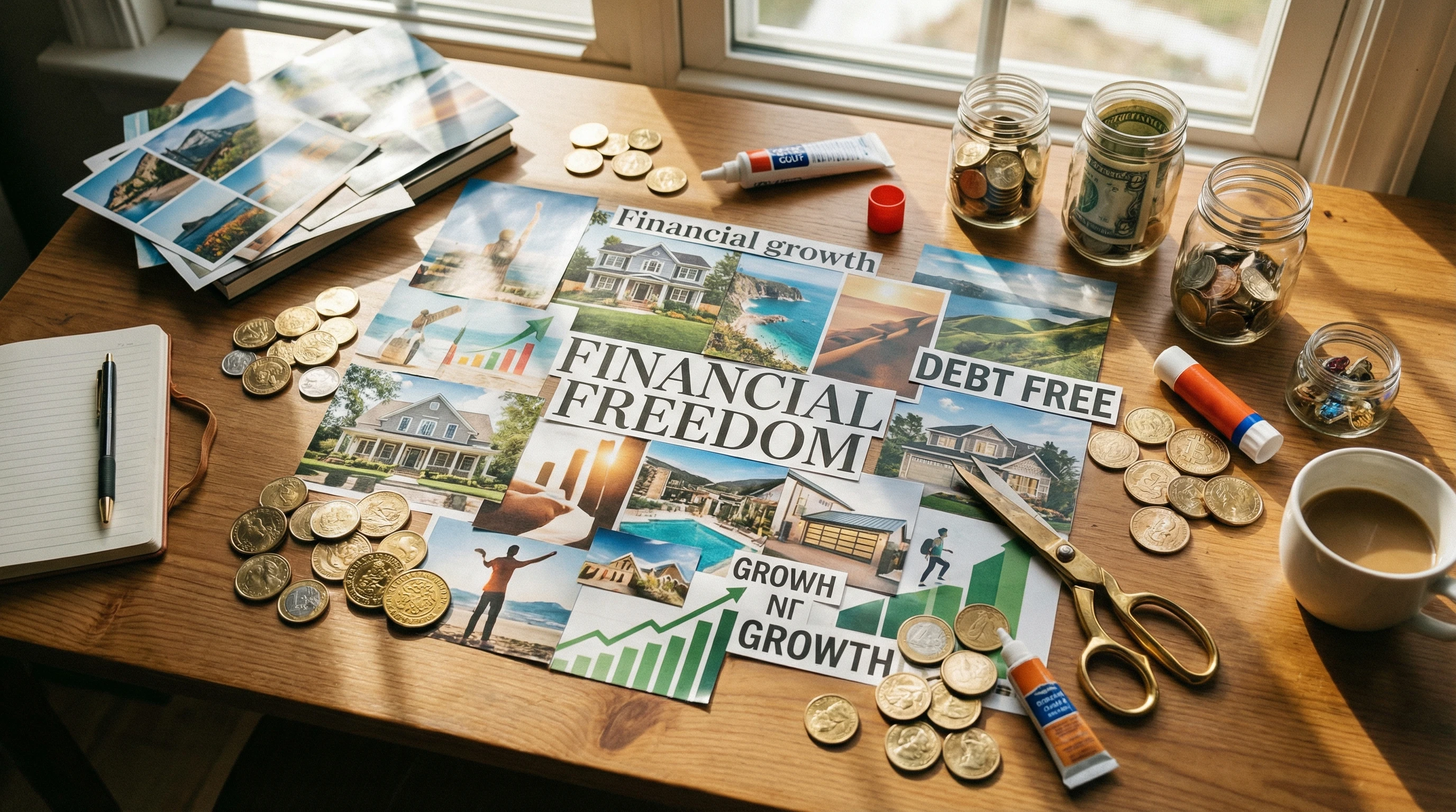 A flat lay of vision board materials: magazine cutouts, scissors, playful coins, and small savings jars on a bright table.