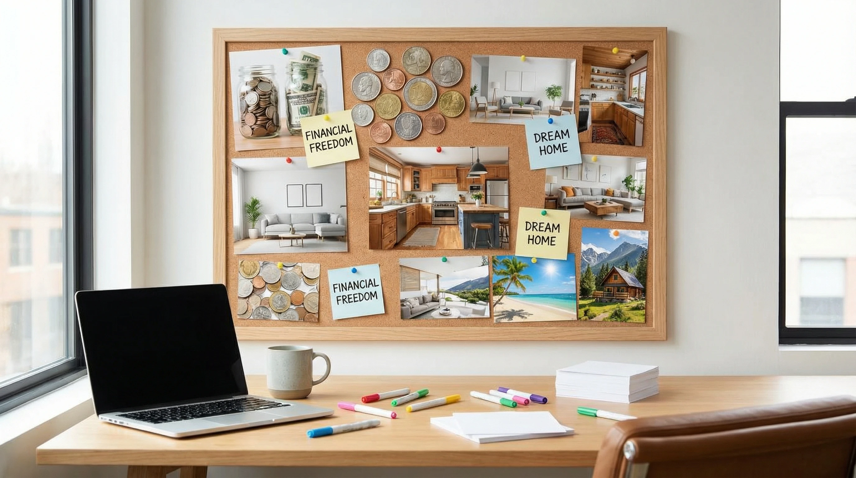 A workspace with a vision board surrounded by photos, savings jars, decorative coins, and colorful markers.