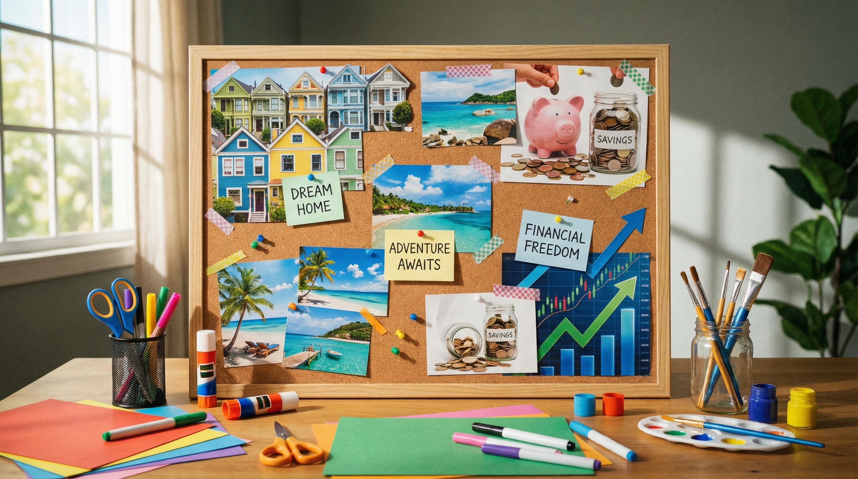 A colorful vision board with images of travel, a house, savings jars, and charts, pinned to a corkboard with decorative pins.