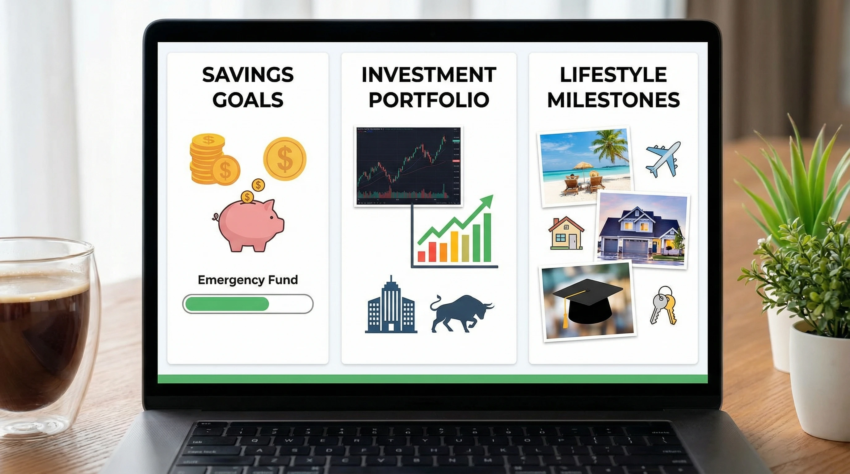 Person updating a vision board, adding new images for financial goal categories, and crossing off accomplished milestones.