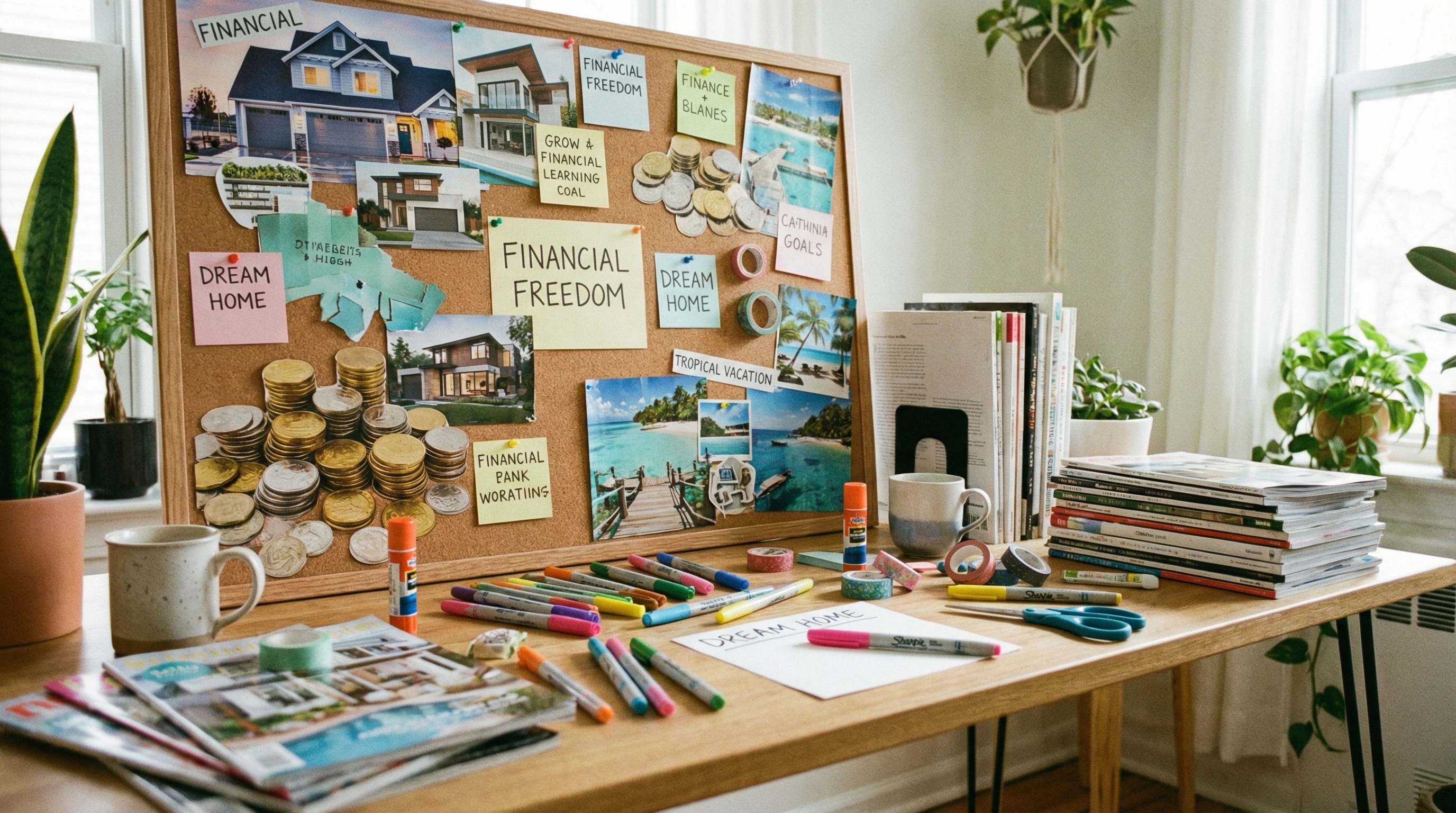 A desk with financial vision board supplies, magazine cutouts of houses, cars, and dollar signs. Colorful markers and scissors are scattered nearby.