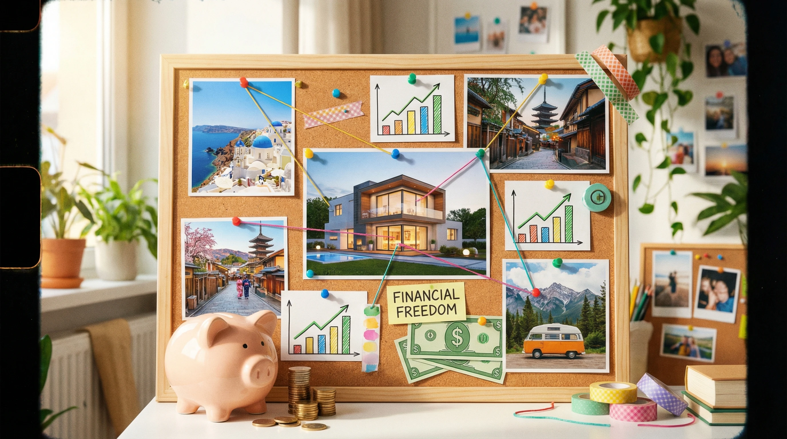 A colorful vision board filled with magazine cutouts showing houses, vacation destinations, stacks of coins, and symbols for growth and security.