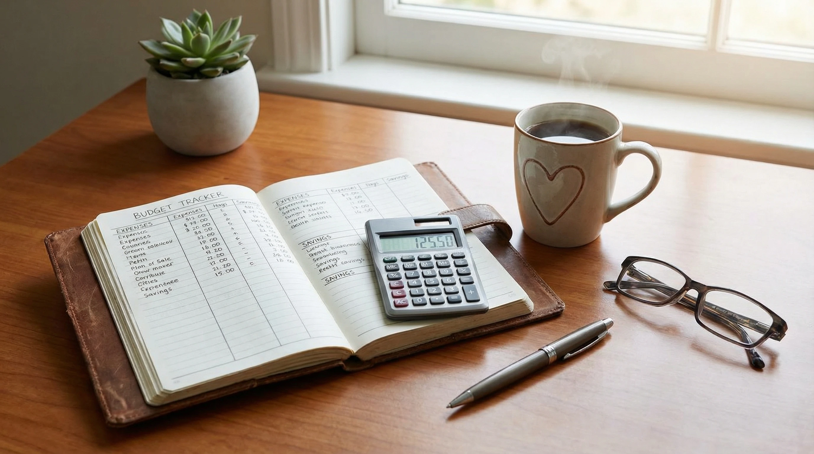 A simple budget tracker notebook, calculator, and a cup of coffee on a clean desk, illustrating mindful and organized financial habits.