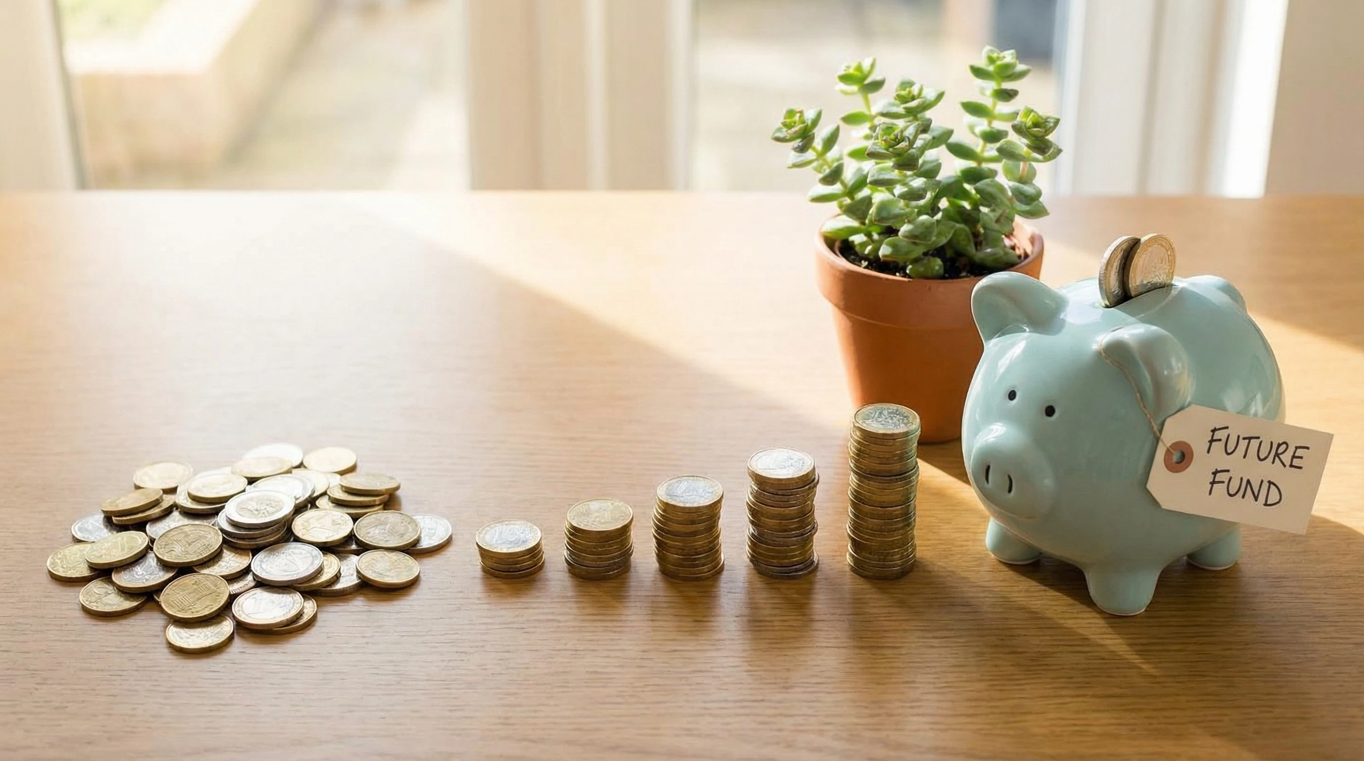 A pile of coins growing into stacks next to a piggy bank and a small potted plant, symbolizing gradual wealth-building and growth.