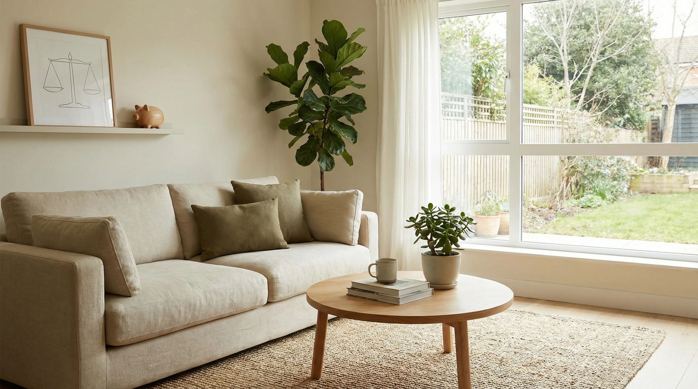 A minimalist living room with plants and soft lighting, representing balanced spending and controlled lifestyle.