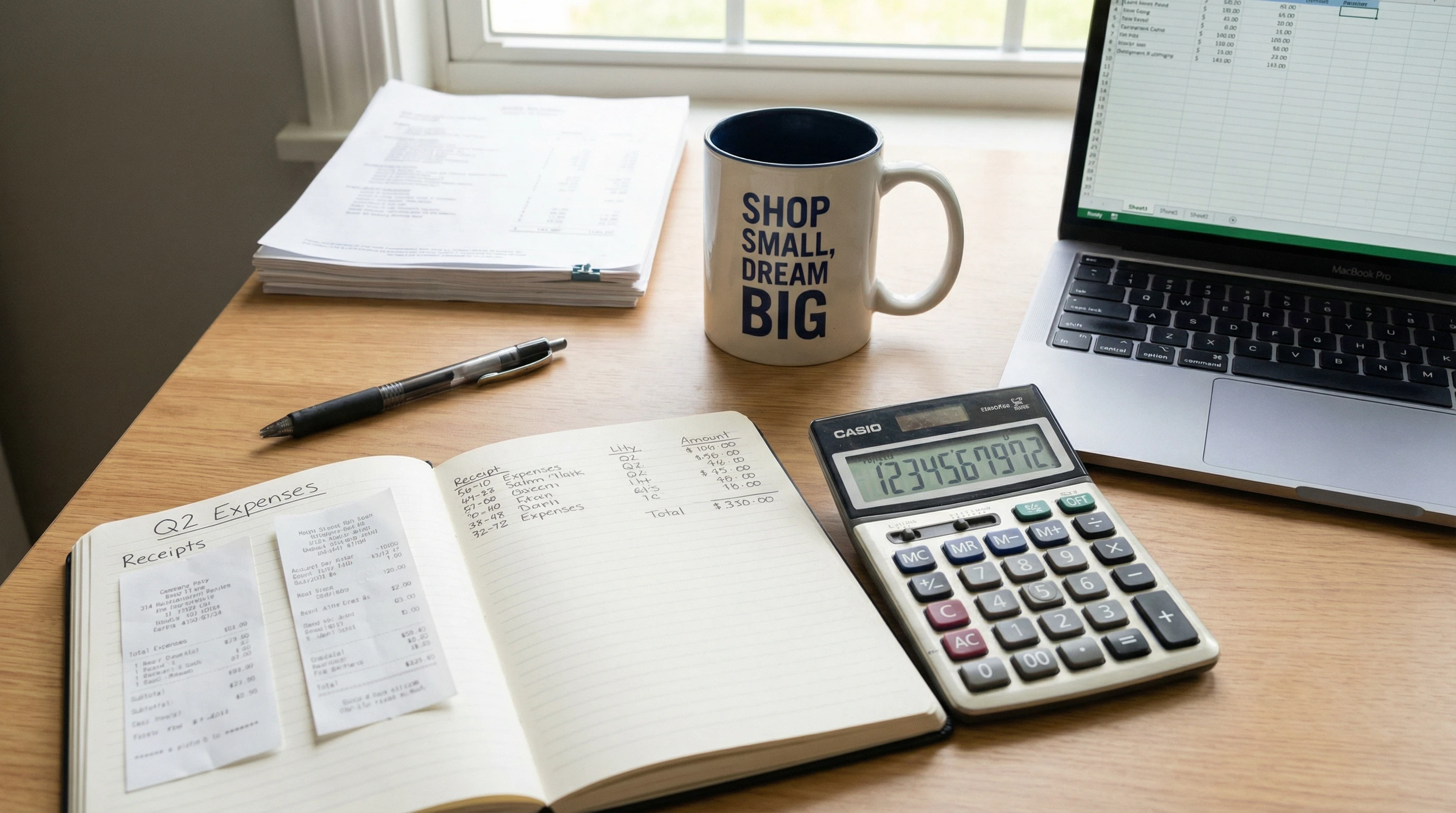 Organized workspace with notebook, calculator, and coffee mug for small business bookkeeping