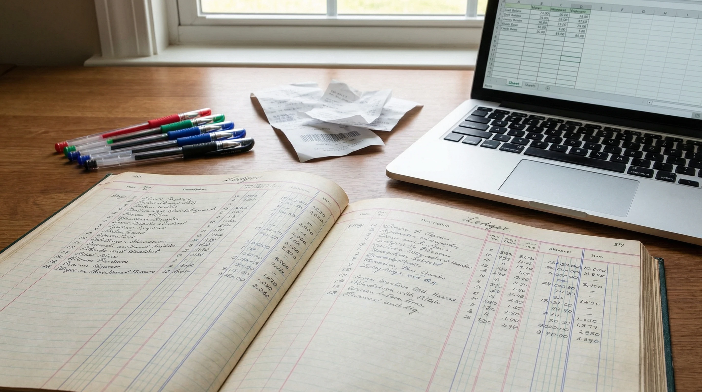 Close-up of hands reviewing financial documents and receipts for small business bookkeeping