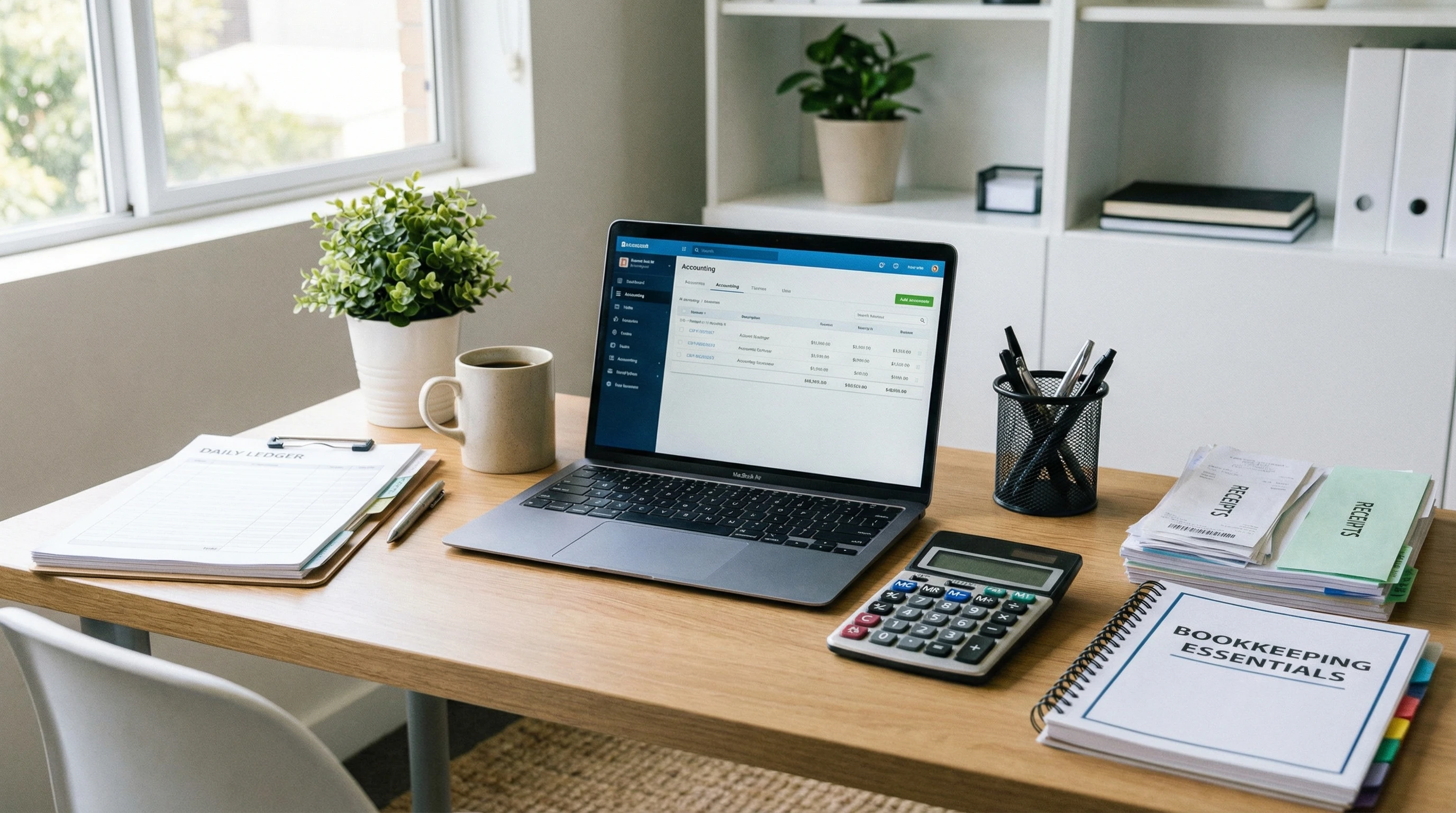Simple desk with a calculator, receipts, and open notebook next to a laptop, symbolizing everyday small business bookkeeping tasks