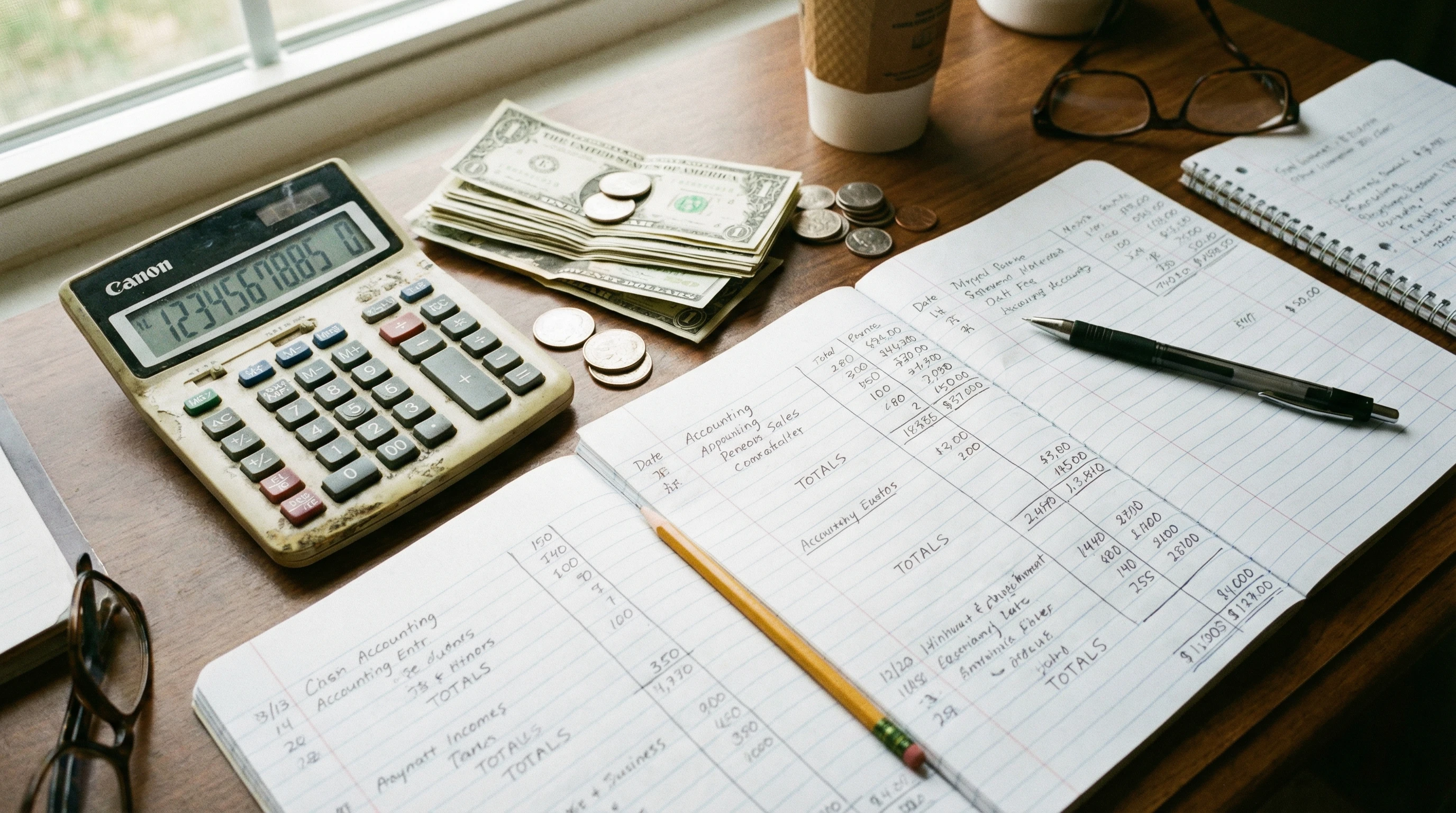 A close-up photo of a calculator, some cash, and small business papers on a wooden desk