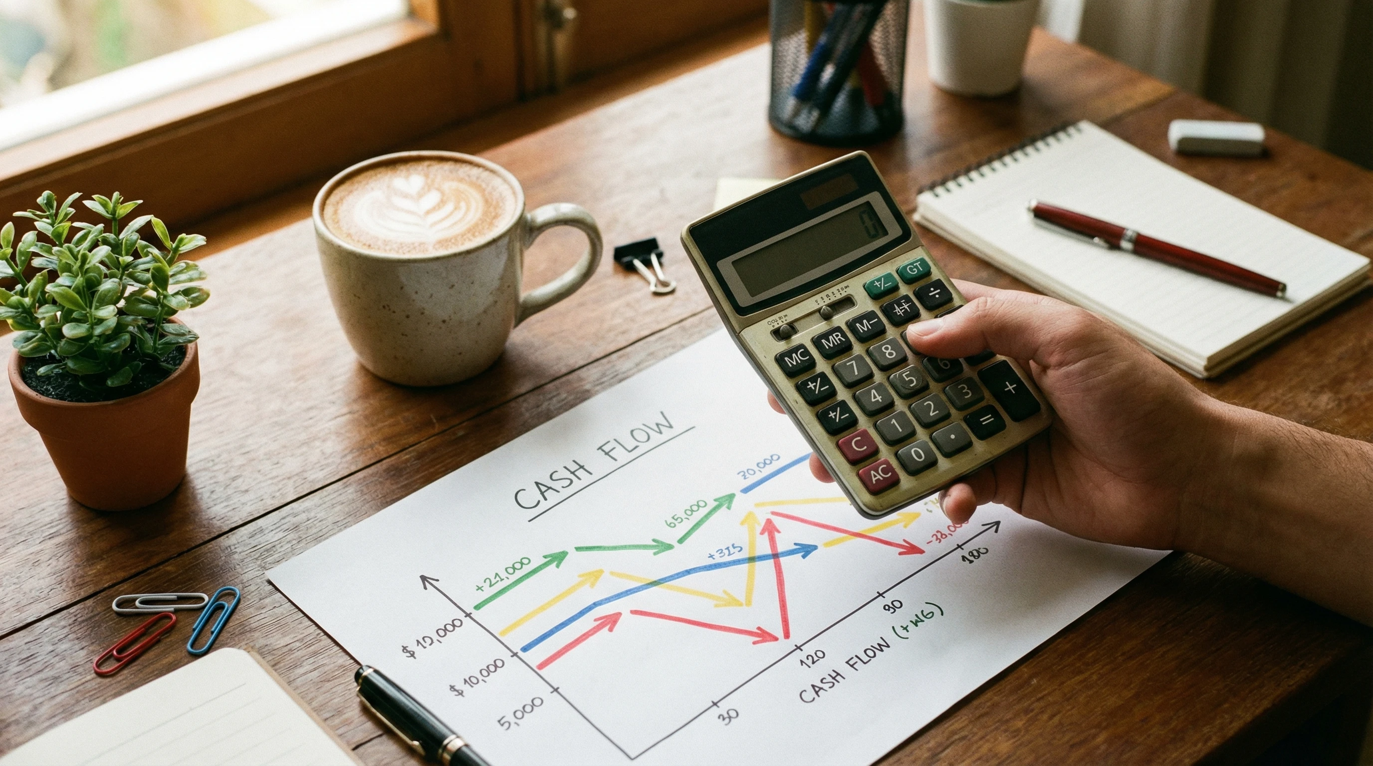 An organized desk with business documents, calculator, and plant