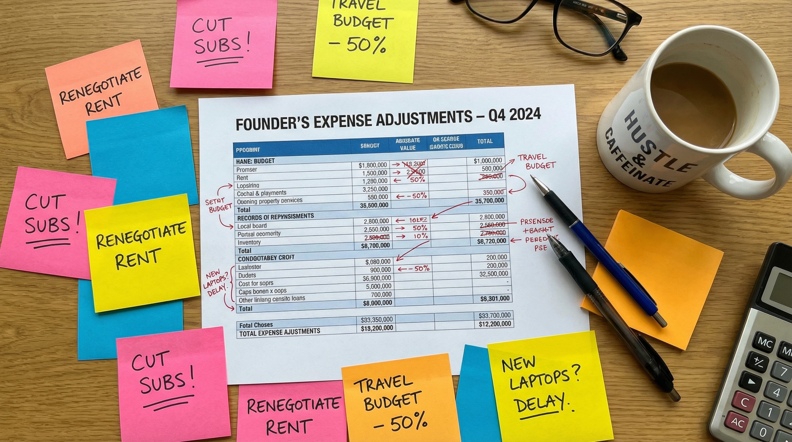 Flat lay of a laptop with sticky notes, a budget worksheet, and a coffee mug on a startup founder’s desk.