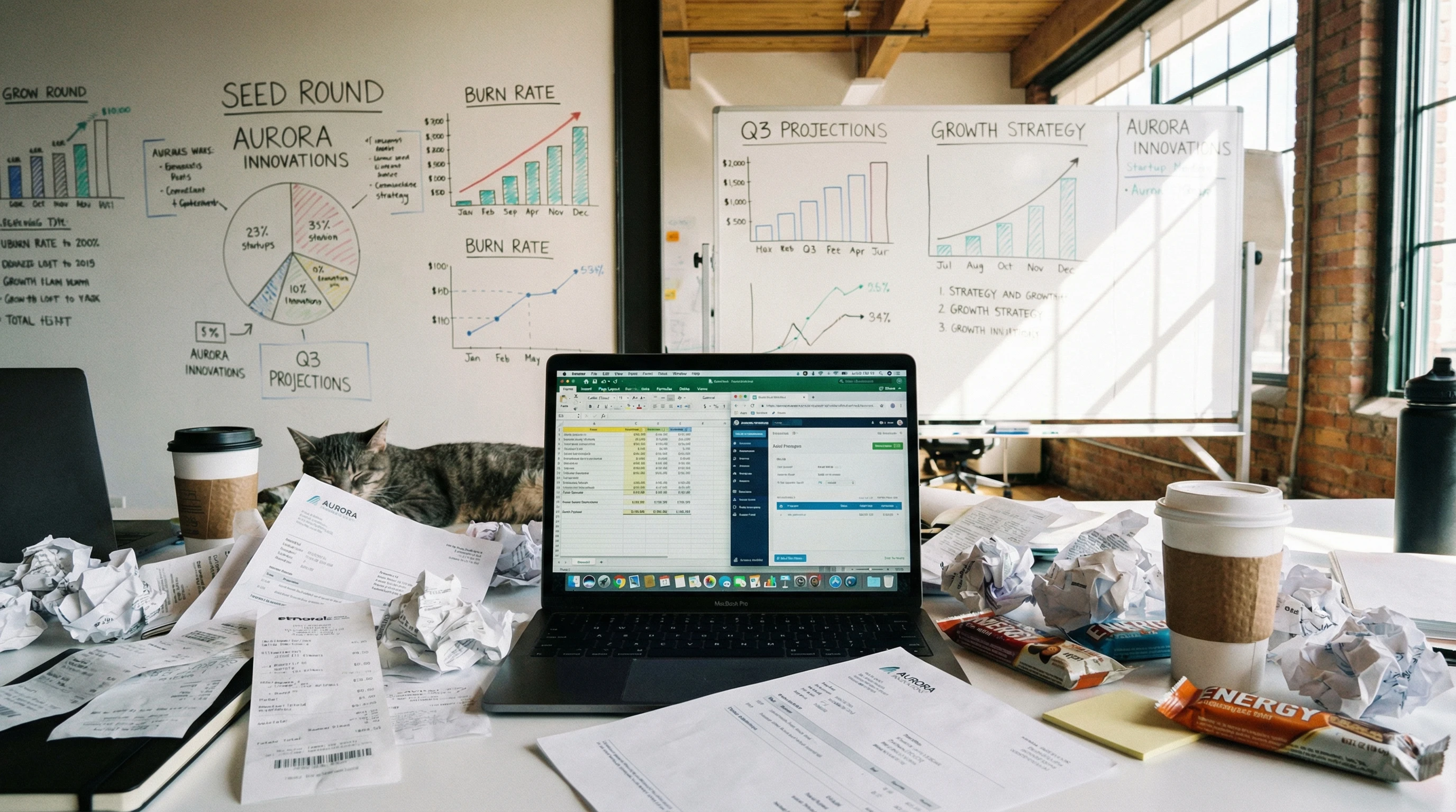 Illustration of a startup workspace with scattered bills, a laptop, and budget charts on a desk.