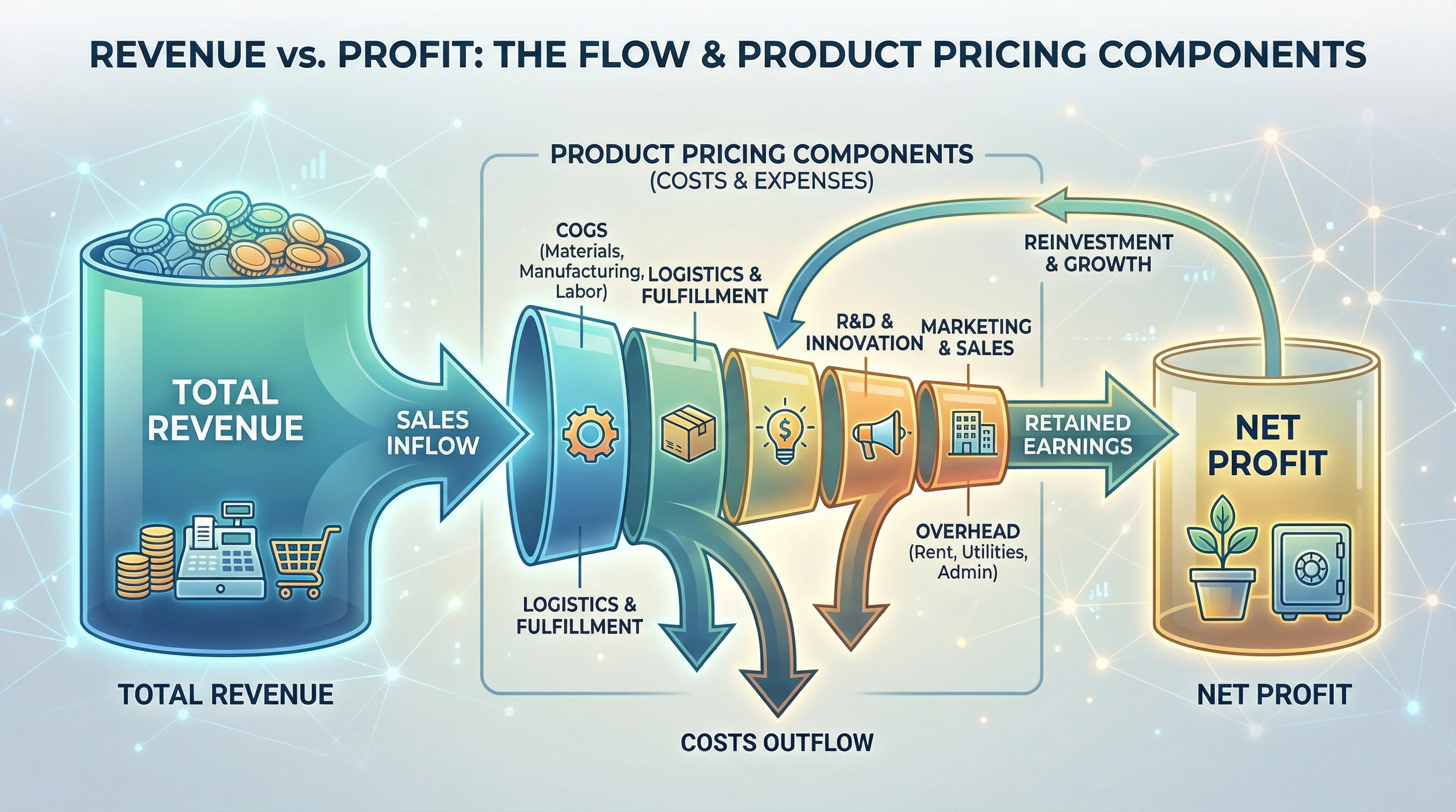 Colorful graphic showing difference between revenue and profit on a product display