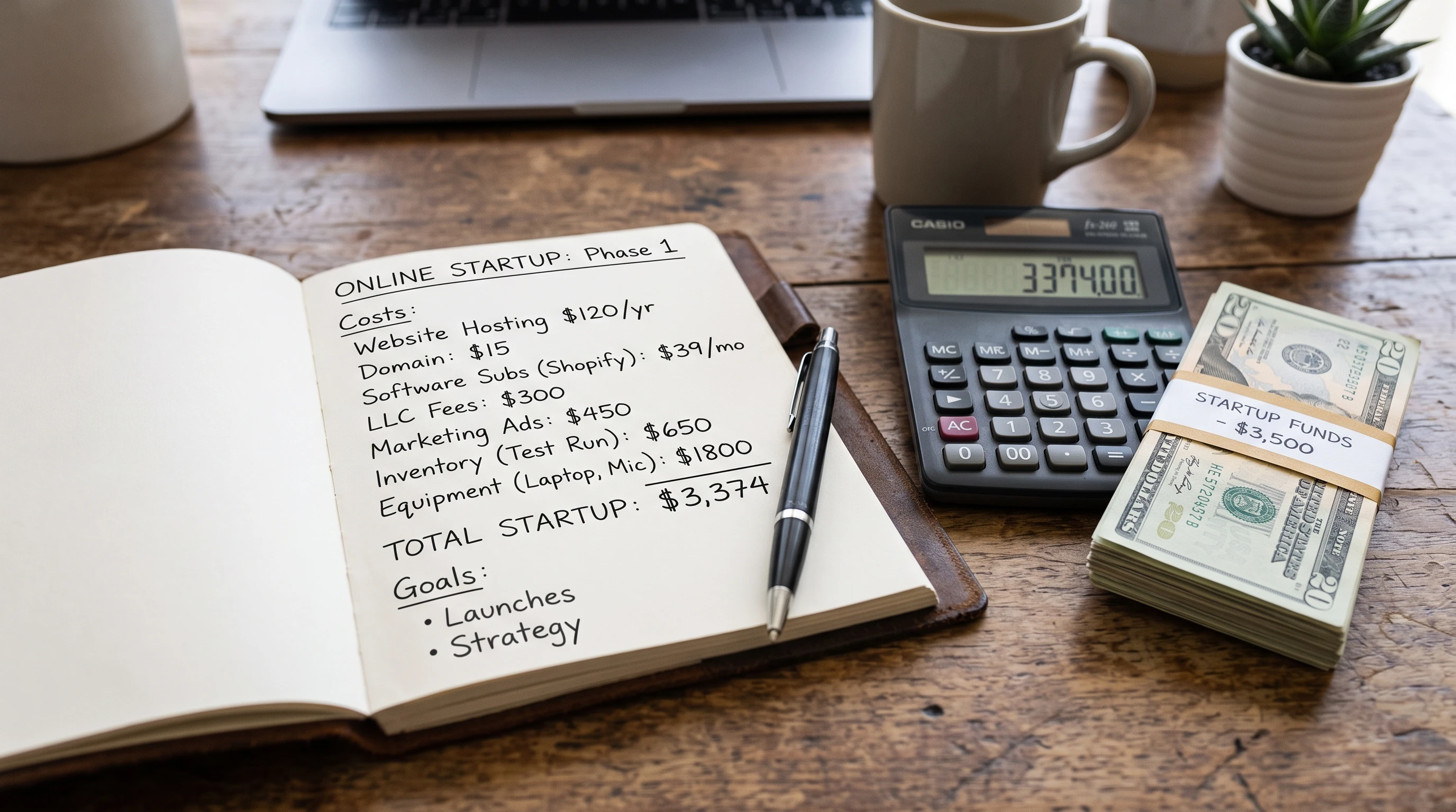 A pile of US dollars, a calculator, and a cup of coffee on a desk, representing the financial investment required for starting an online business.
