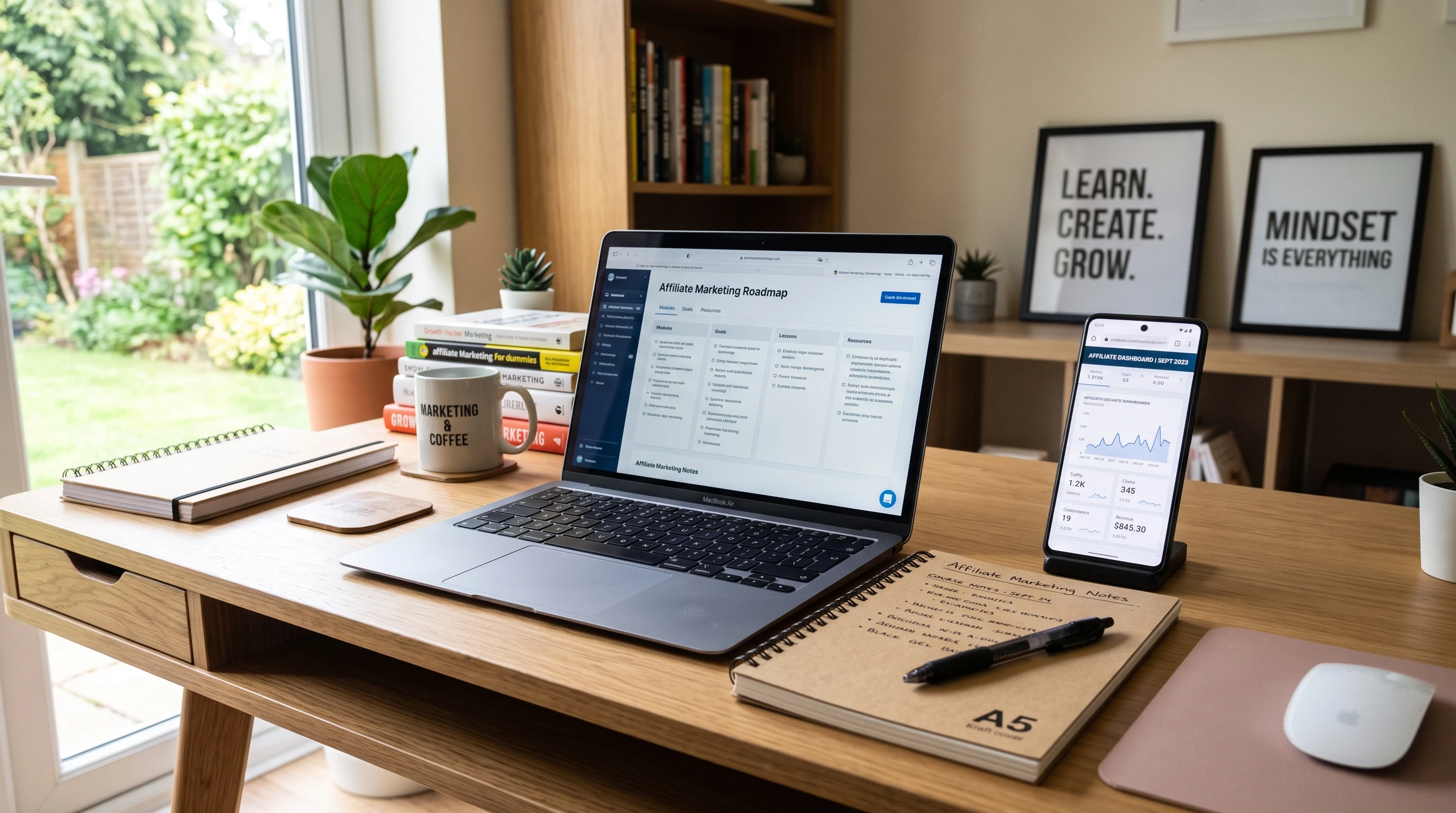 A person watching an online masterclass on a computer screen, taking notes, with a plant and a cup of coffee nearby, symbolizing flexible learning from home.