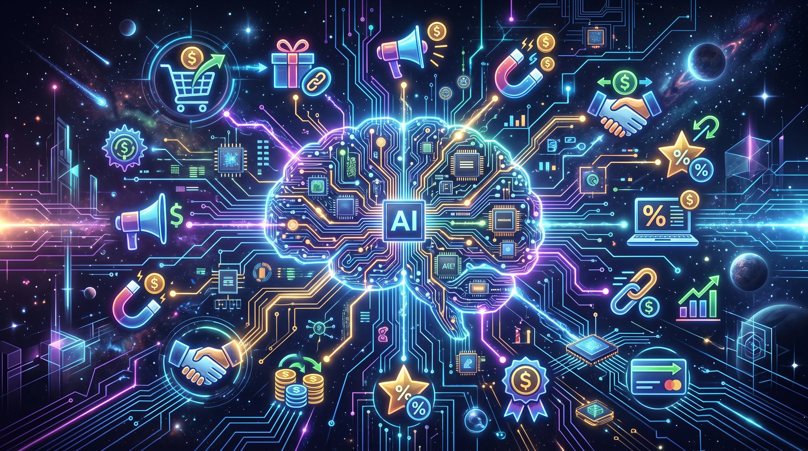 Digital illustration of interconnected AI circuits and affiliate marketing icons