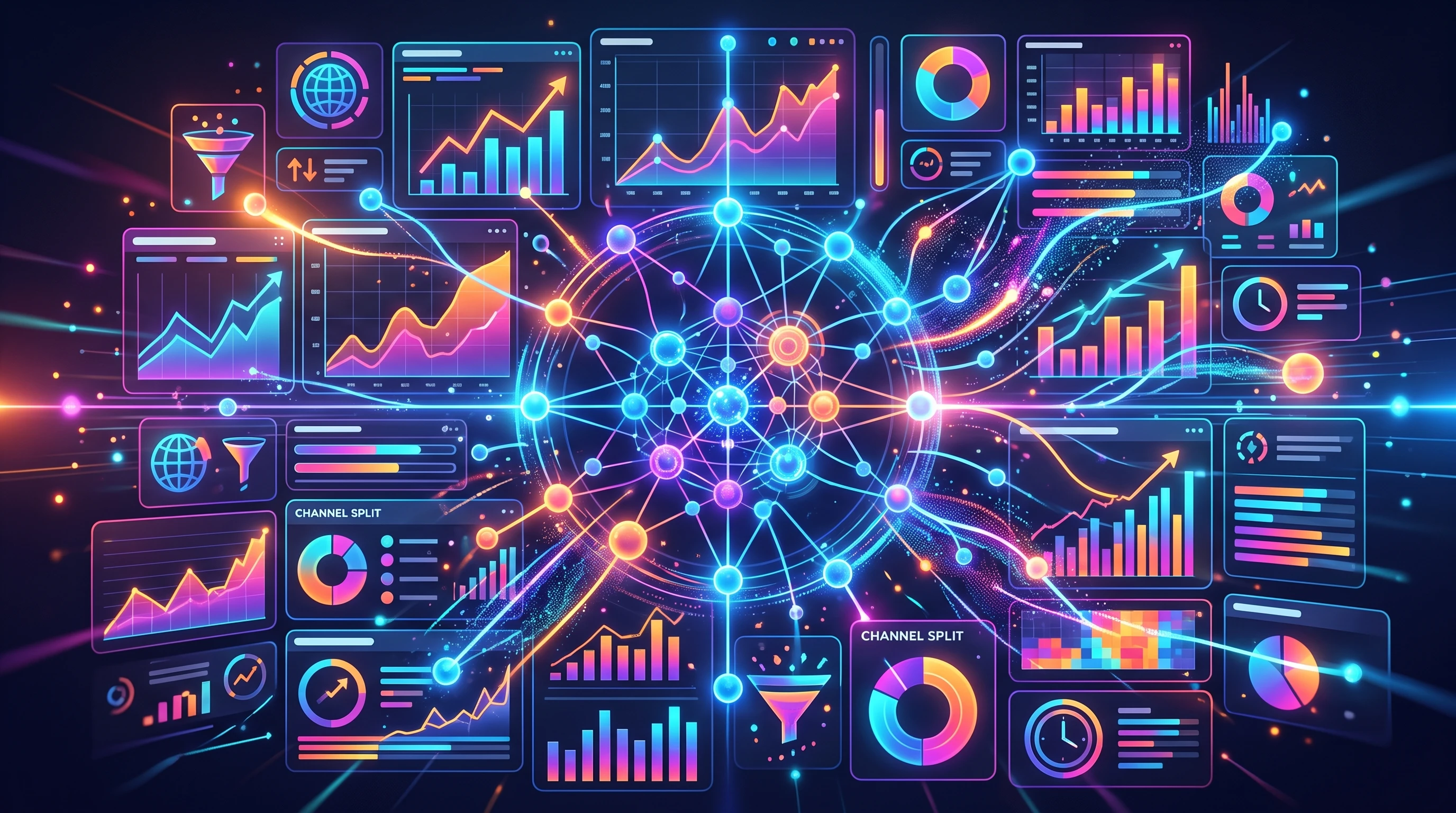 Stylized graphic of an artificial intelligence network overlaying a digital marketing dashboard