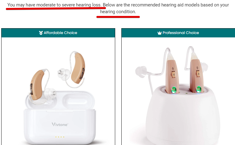 Vivtone hearing aid recommendations based on my hearing tests results