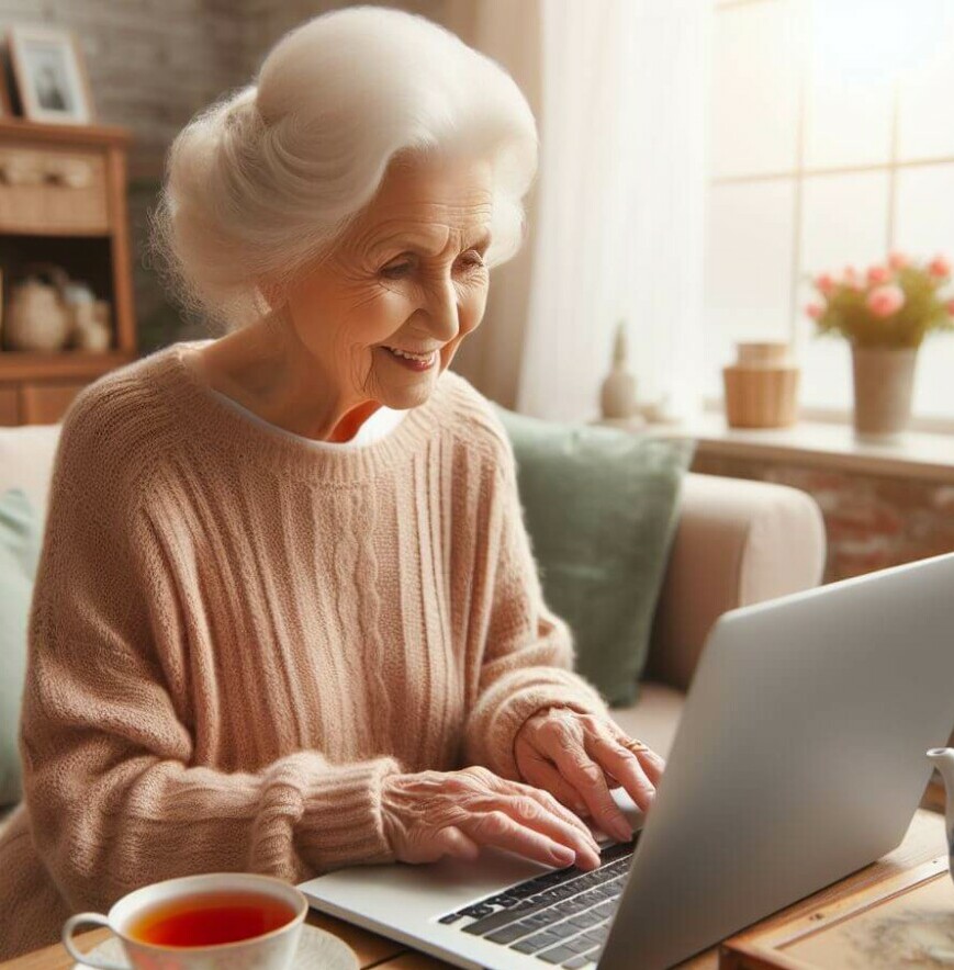 This image shows an elderly woman starting her first blog