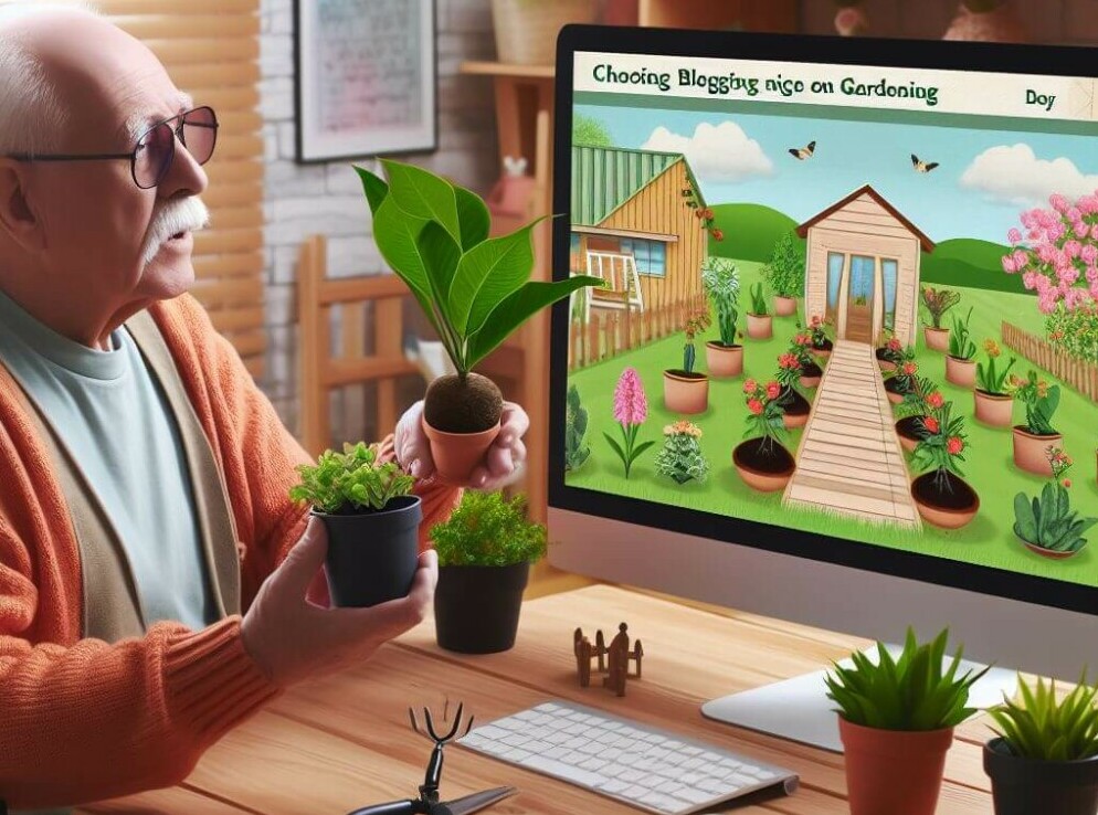 This image shows an elderly choosing a blogging niche on gardening