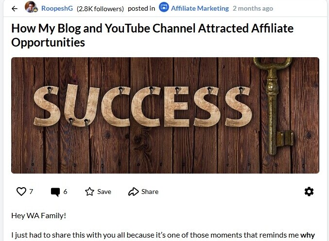 My wealthy affiliate success blog that I wrote within the WA community