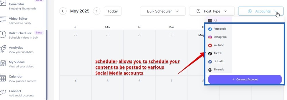 Syllaby.io has a content scheduler that allows you to post your content to various different social media platforms