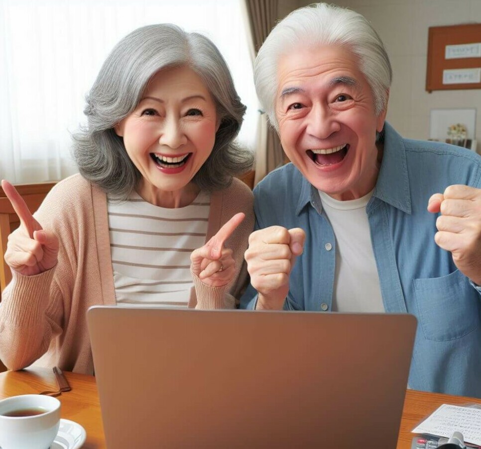 This shows an elderly couple excited about starting their first online blog