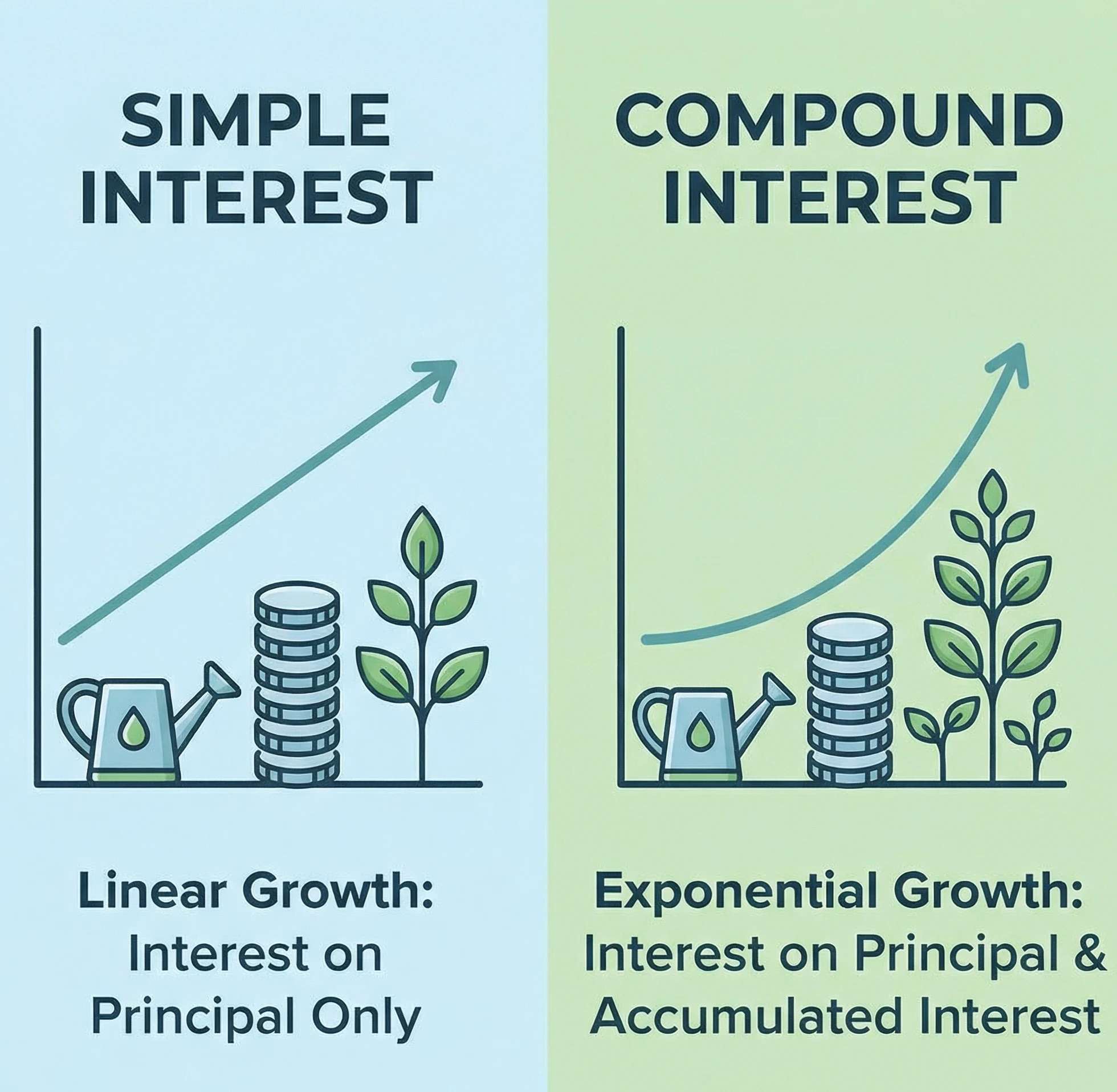 This image shows the difference between simple interest and compound interest