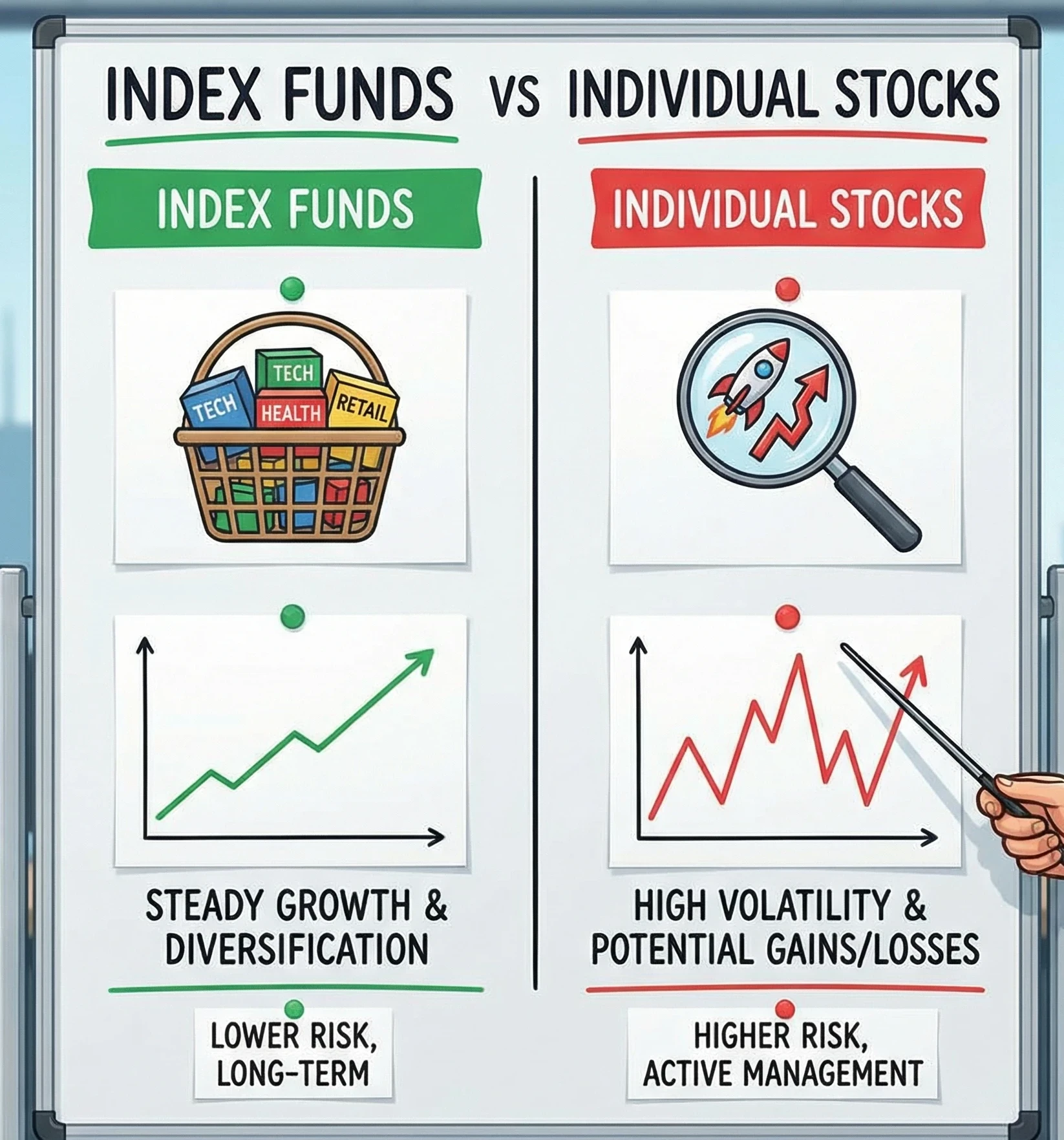 Index Funds vs Individual Stock, this image shows the comparision between the two