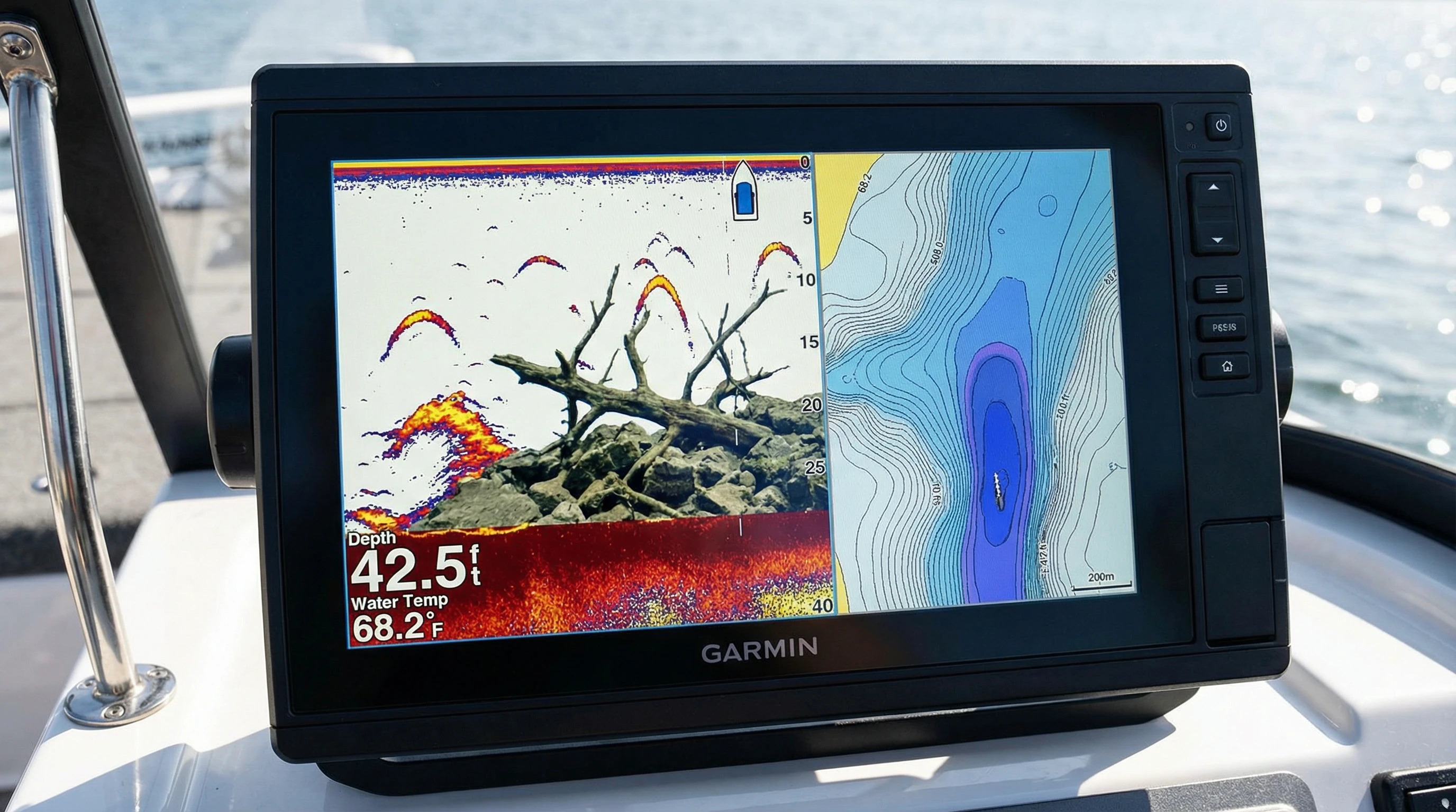 Angler's view of GPSMAP 943xsv during fishing with visible fish arches on sonar display